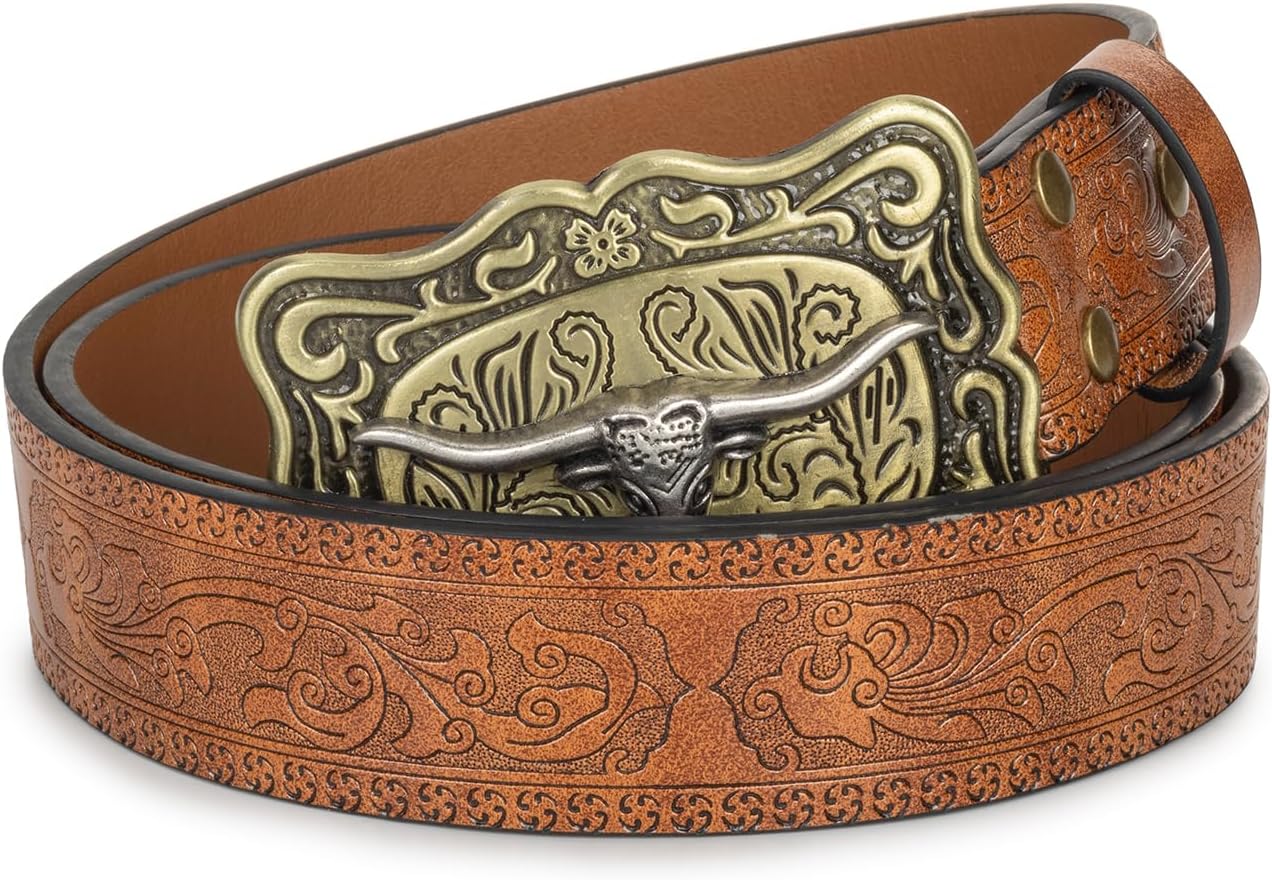Western Cowboy Belts for Men Women - Longhorn Bull Decoration Pu Leather Cowgirl-Country-Belt for Jeans Pants - Image 2