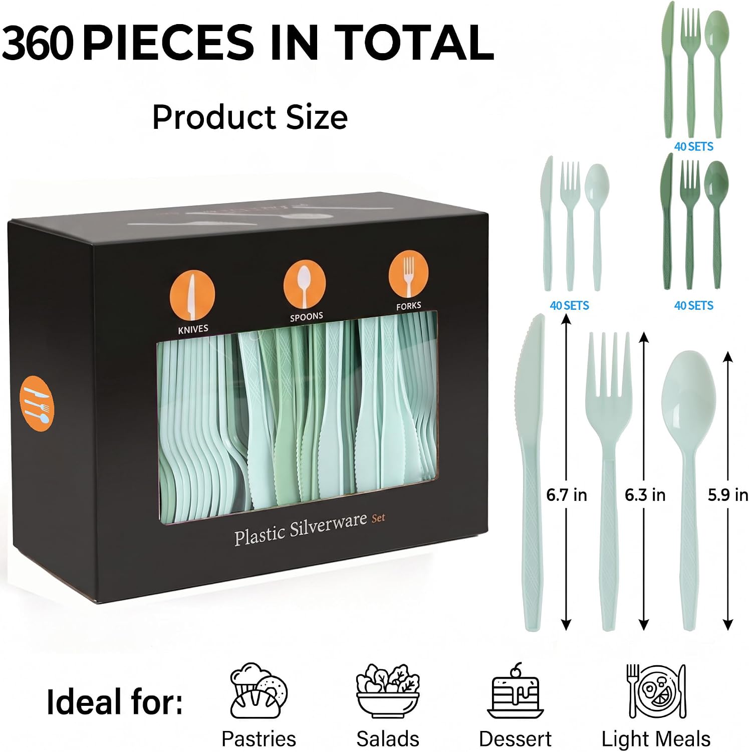 Sage Green Plastic Cutlery Set, 360-Piece Heavy-Duty Disposable Utensils for 120 Guests, Gradient Green Forks Knives Spoons, Boho Party Tableware for Baby Shower, Wedding, Easter, Garden Party