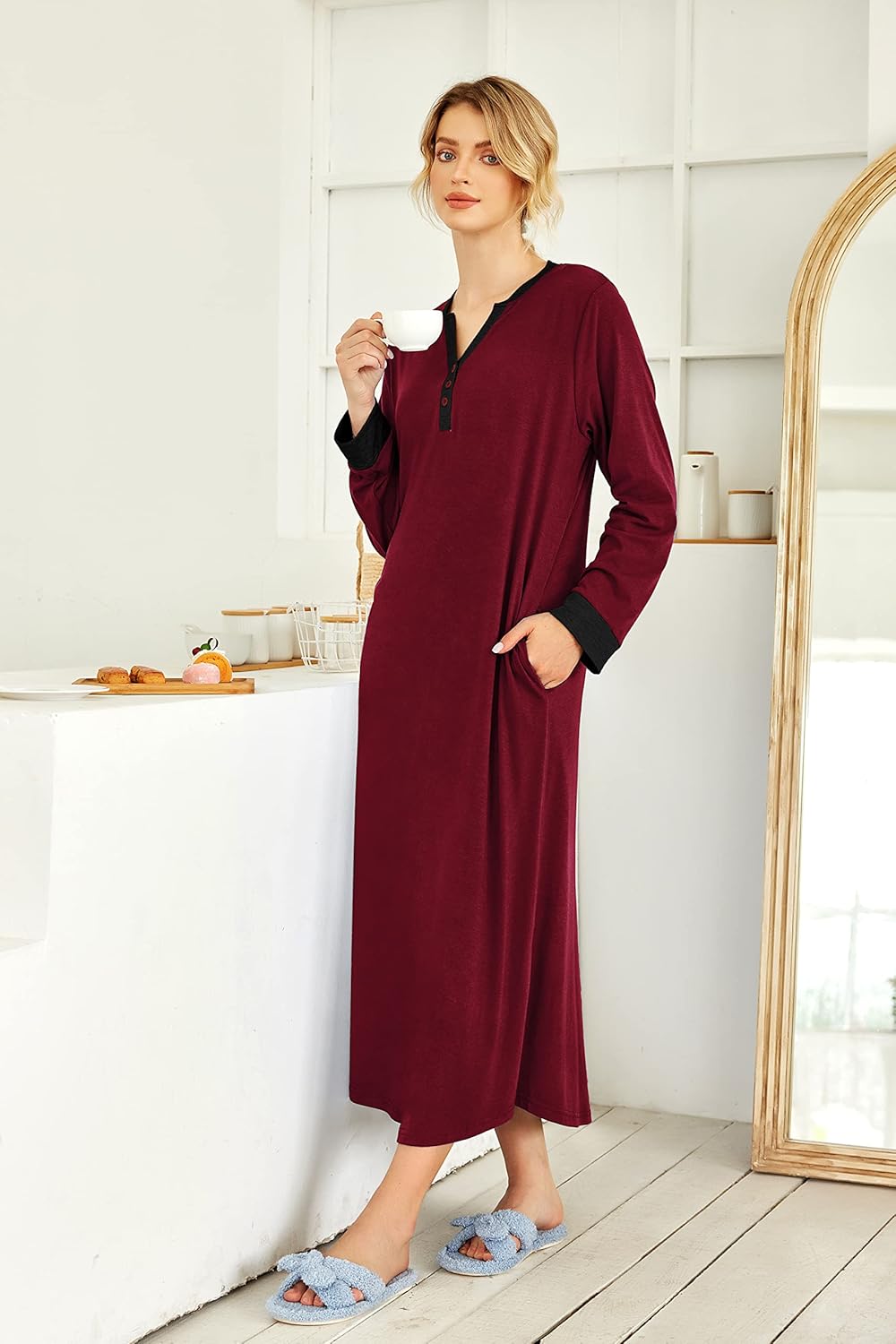 Ekouaer Womens Nightgown Long Loungewear V Neck Nightshirt Sleepwear Full Length Sleepshirt with Pockets - Image 5