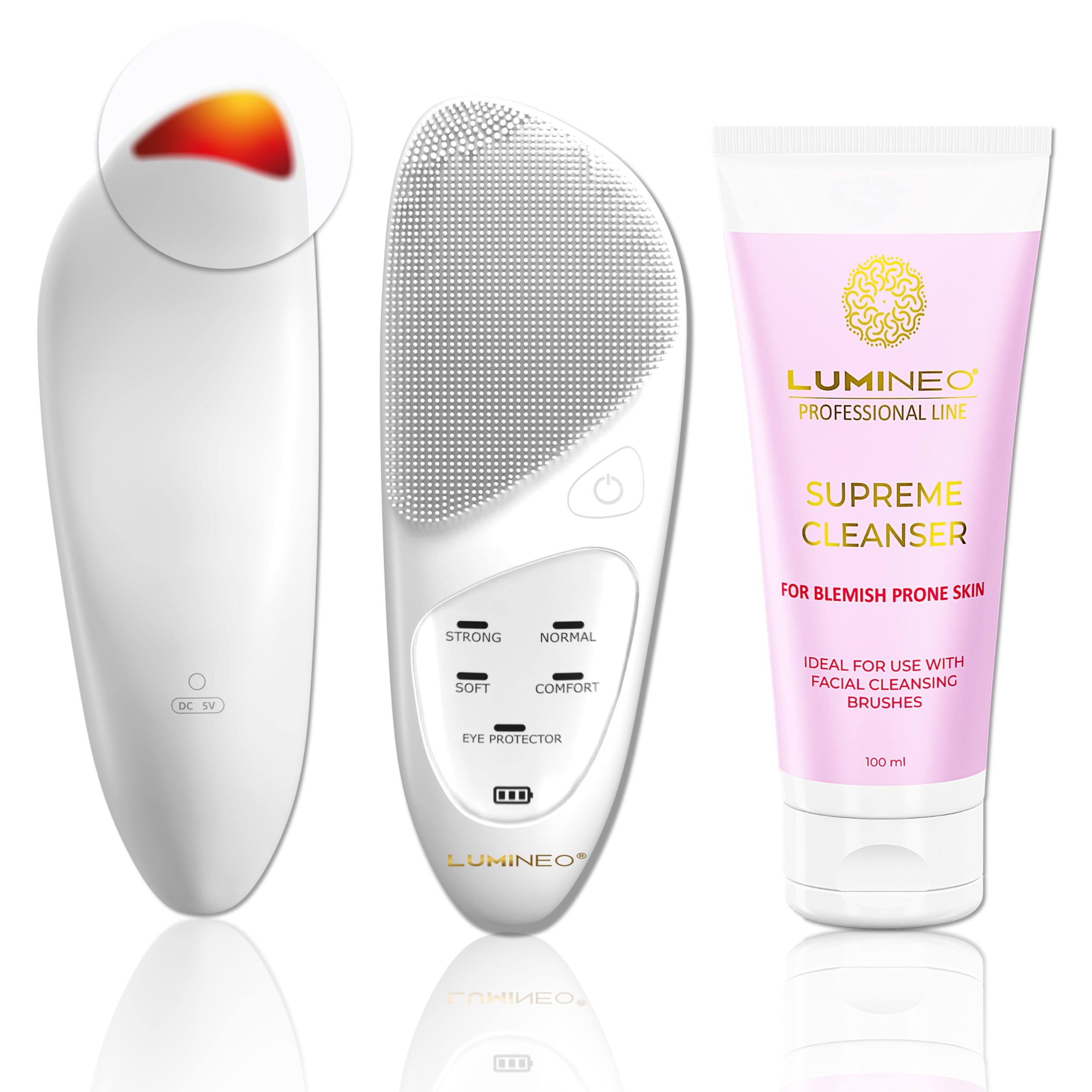 Lumineo Sonic Thermo Facial Cleansing Brush IPX7 Waterproof, with Matching Cleansing Gel (Blemished Skin)
