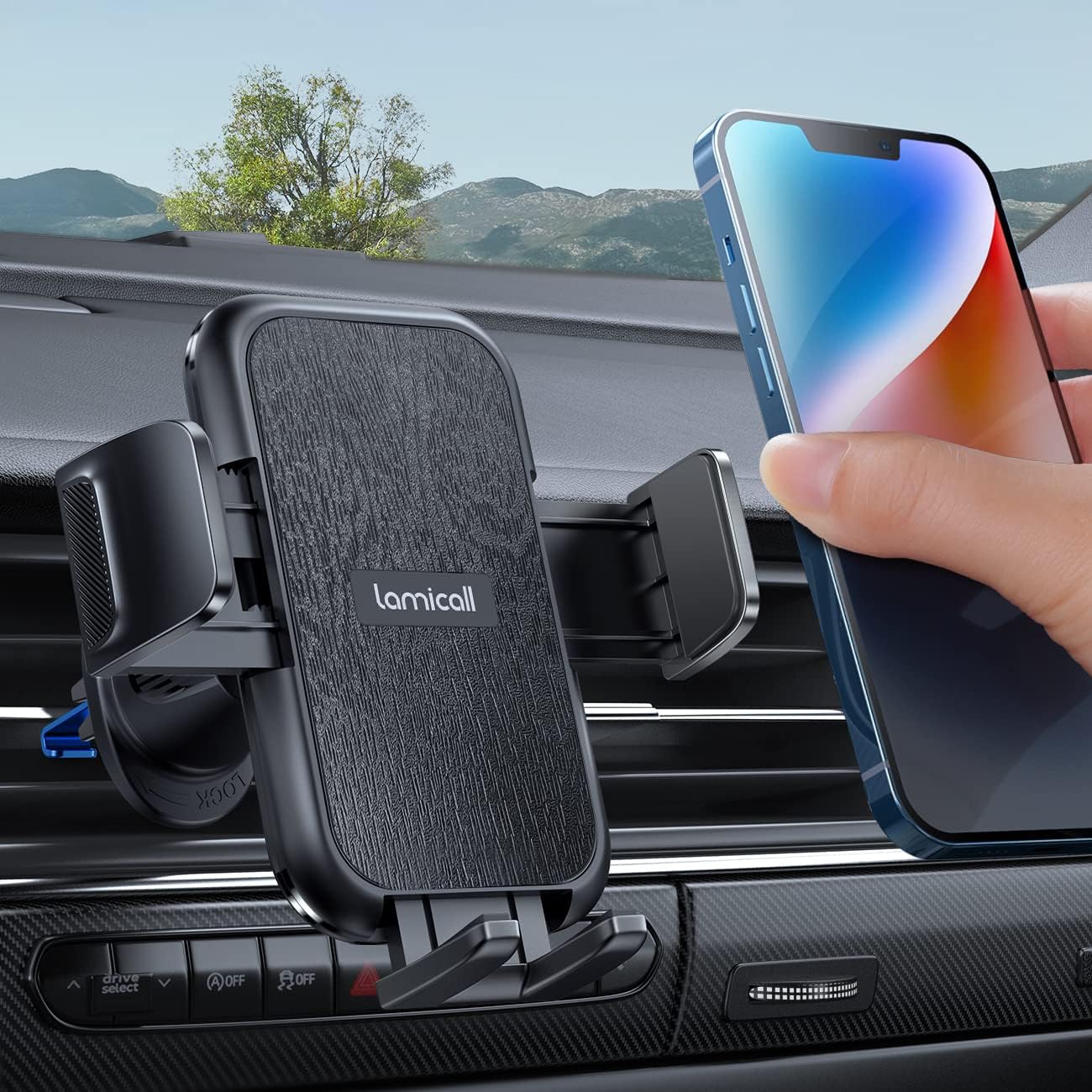Lamicall 2025 Wider Clamp & Metal Hook Car Phone Holder Vent [Thick Cases Friendly] Phone Holders for Your Car Mount Automobile Hands Free Cradle Air Vent for iPhone 17 16 15 Pro Max Wood Grain