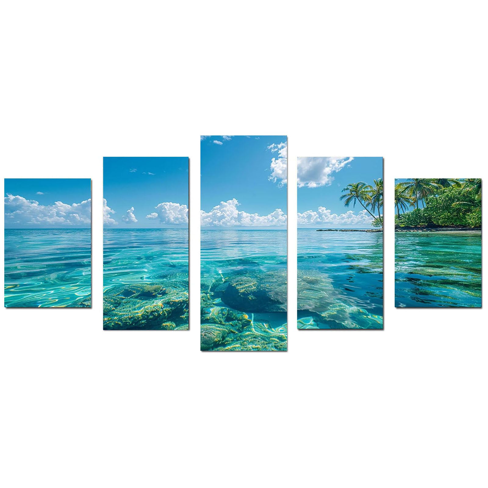 AMXBZC 5 Stück Abstraktes Nature Leinwand Bilder Kunstdrucke Wunderschöne Strandlandschaft Pflanze Wandbild -für Badezimmer Küche Wohnzimmer Wanddekoration(Blau 8)-100x200cm Ungerahmt