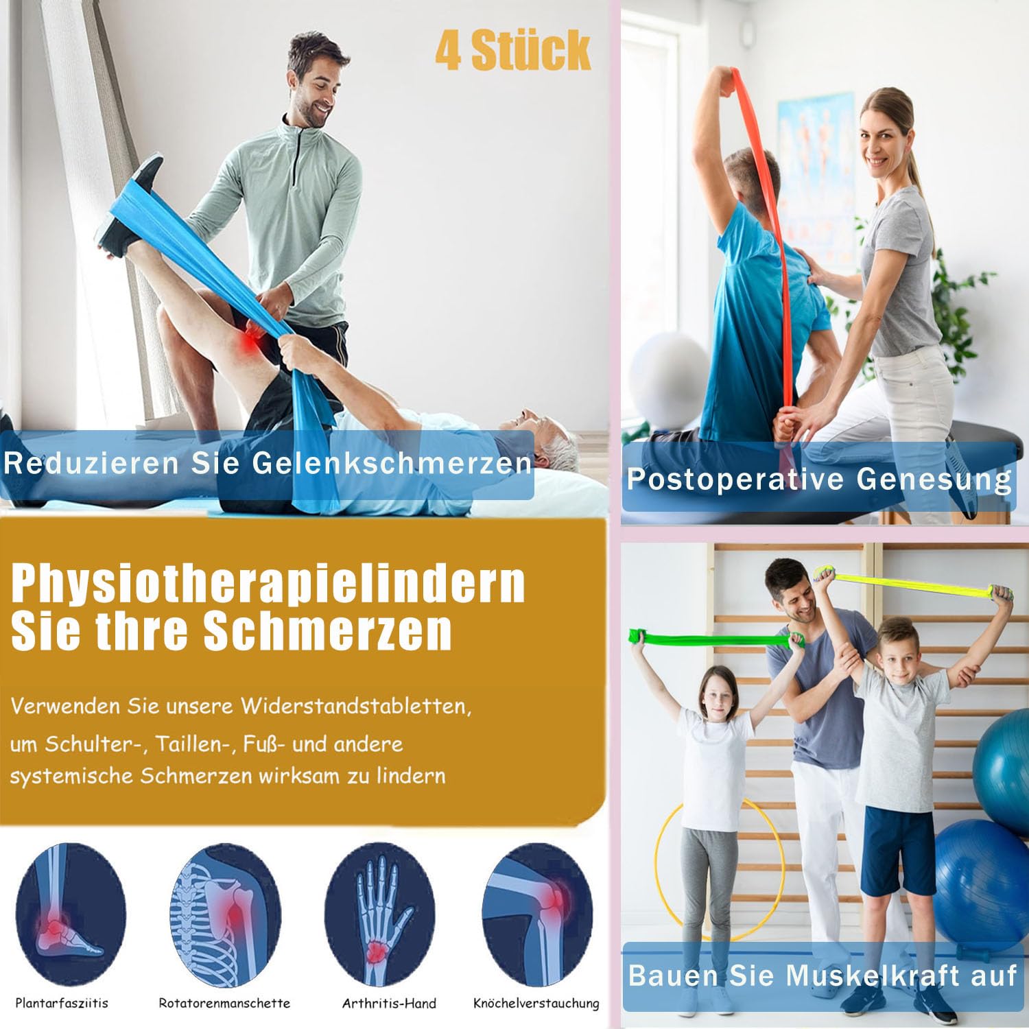 Haquno [4 Pezzi] Elastici Fitness, 1.5M/1.8M Banda Elastica Fasce Resistenza,4 Livelli di Resistenza, Fasce Elastiche Fitness per Donne o Uomini,Ideale per, Yoga, Pilates, Allenamento di Forza