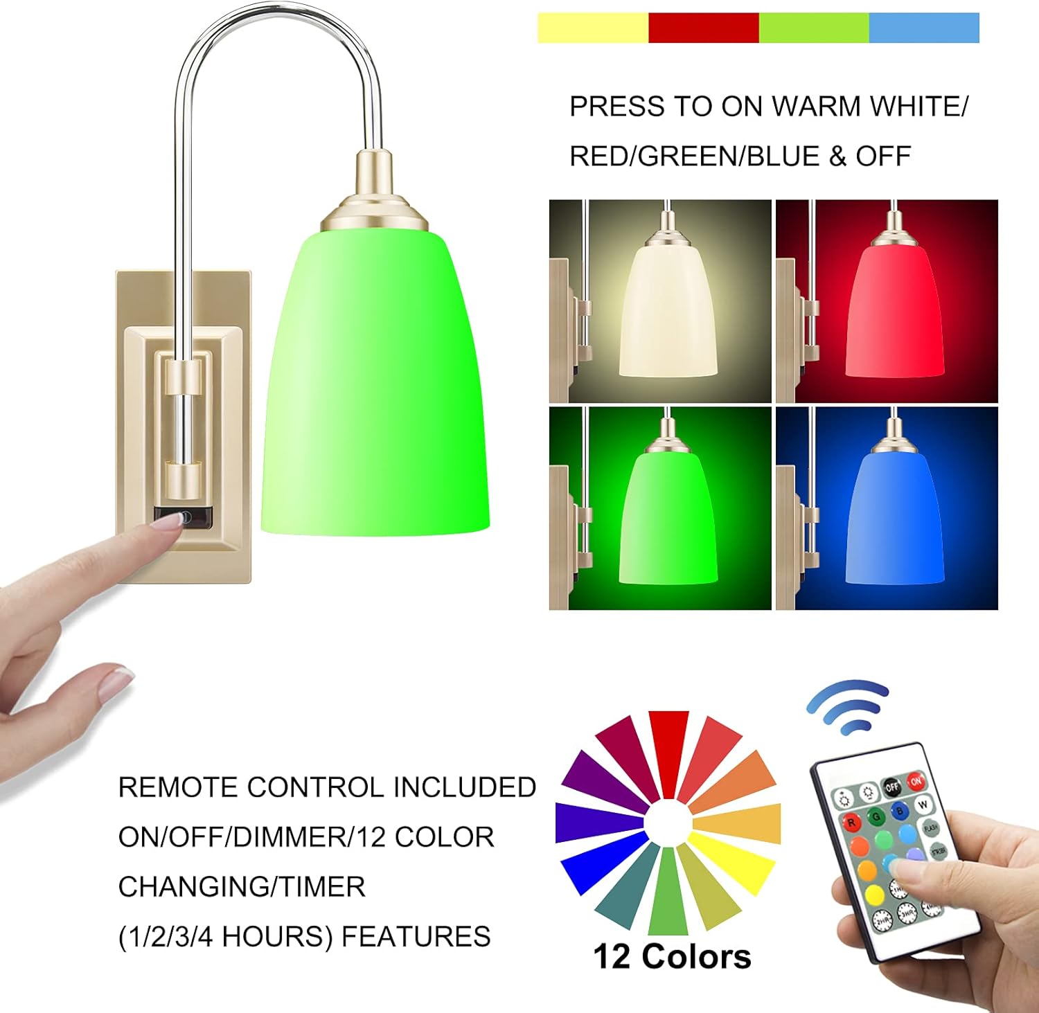 HONWELL Wall Lamp Wireless Battery LED Wall Sconces Indoor Multi Color Wall Sconce Light Fixture for Room Lighting, Stick Lights for Kitchen Hallway Bathroom,12 Colors,Remote Controlled
