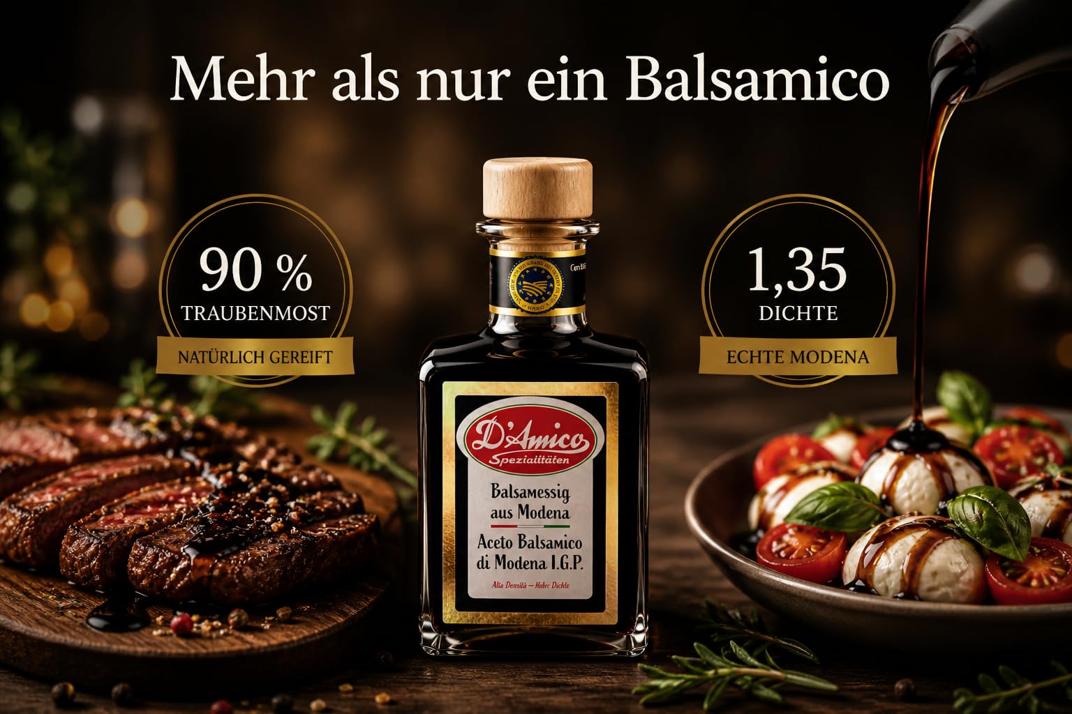 D'Amico Aceto Balsamico di Modena I.G.P, 250 ml | 90% Traubenmost, Hohe Dichte (1,35), Ohne Zusatzstoffe, Ideal für Salate, Käse, Erdbeeren & Antipasti