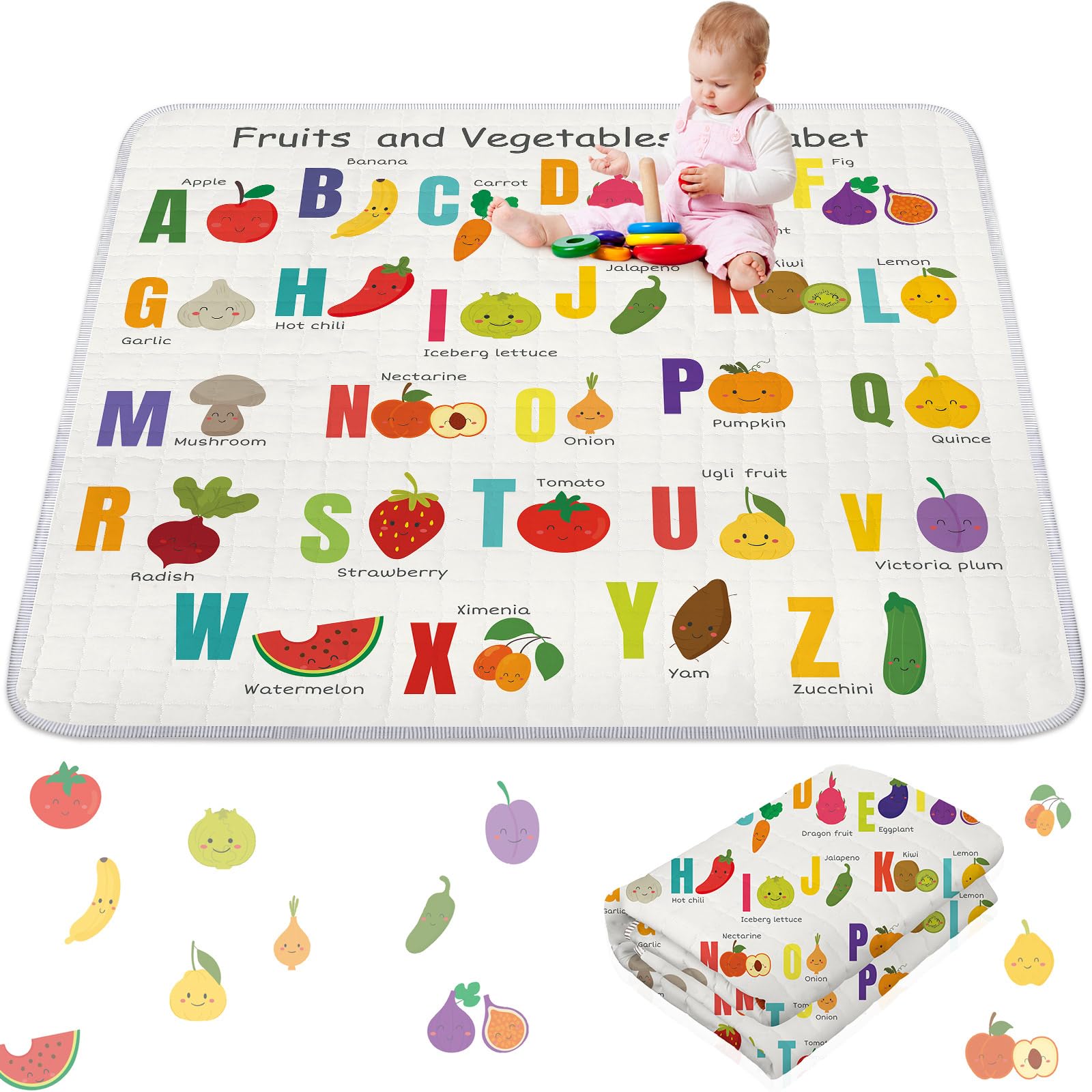 Wesiti Fruit Alpha Portable Baby Play Mat 50 x 50 Washable Foldable Crawling Mat Non Slip Cushioned Kids Playmats Pad for Floor Playpen Toddler Infants Tummy Time Activity