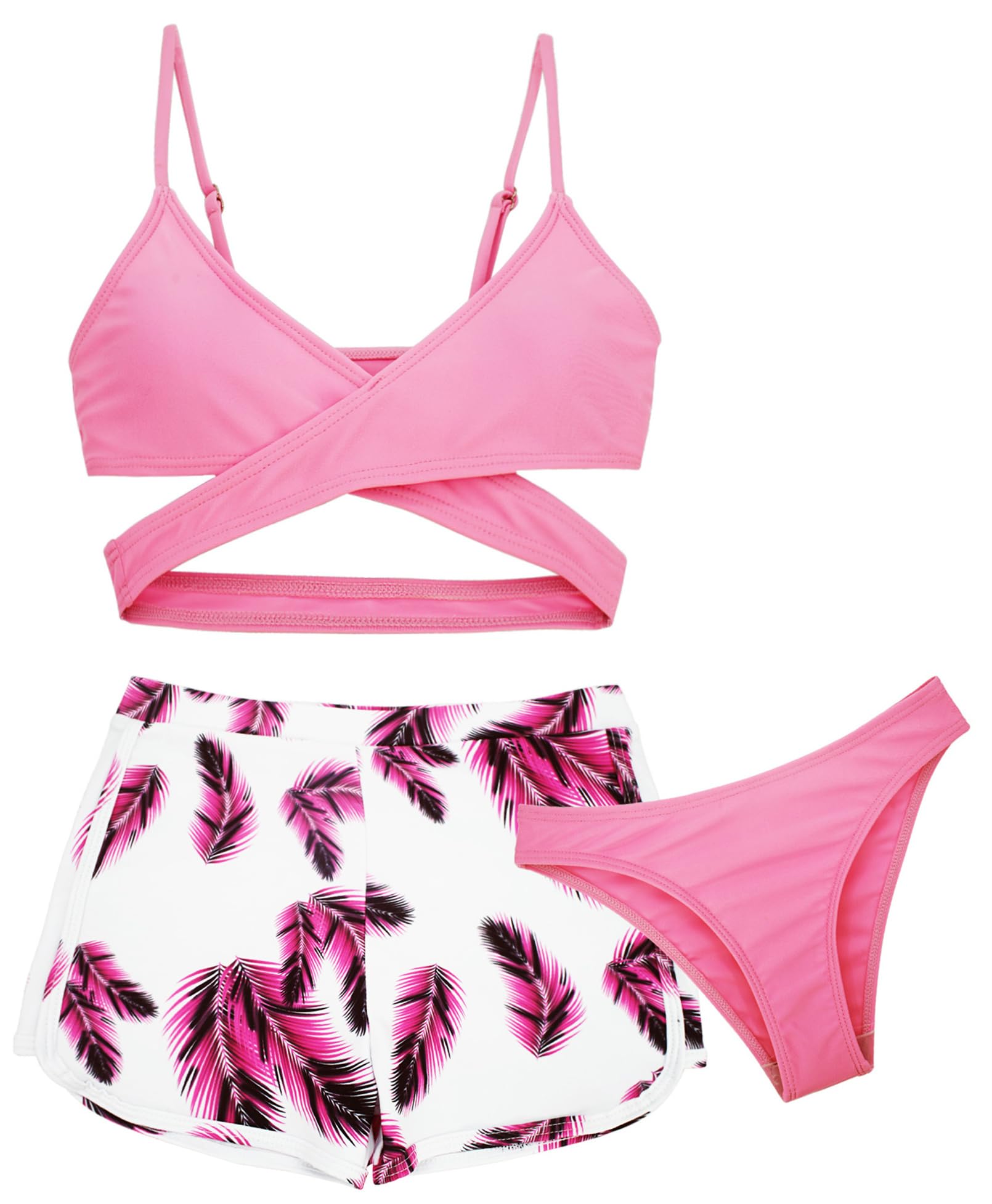 AIEOE Niñas 3 Piezas Bikini Traje de Baño de Estampado Tropical con Cover Up Shorts 8-14 Años