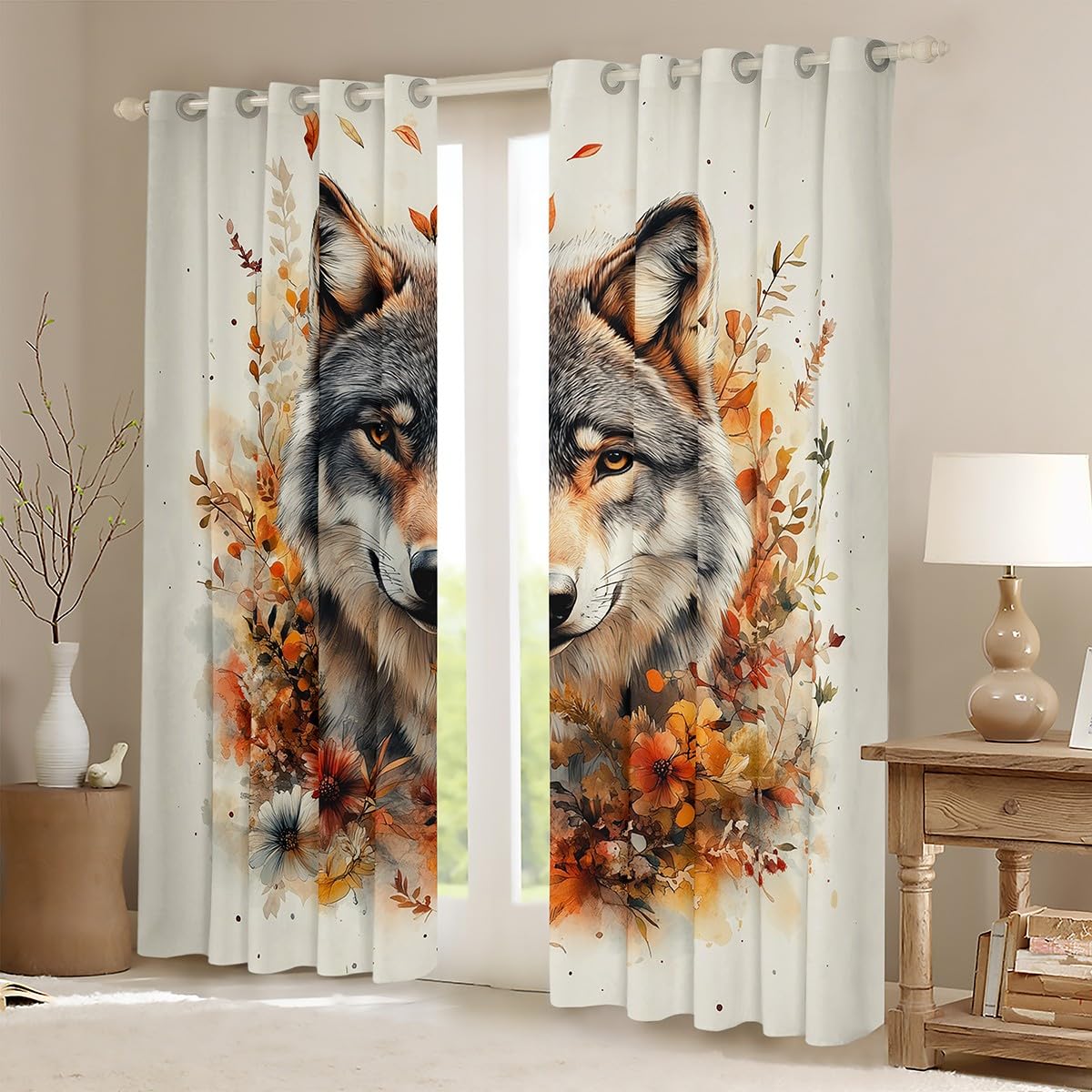 Loussiesd Wolf Vorhänge 245x140cm Tierwölfe Blickdichte Vorhänge Blumen und Pflanzen Fenstervorhang Wildtiere Blickdichte Vorhänge Zimmer Dekor Orange Weiß Gardinen