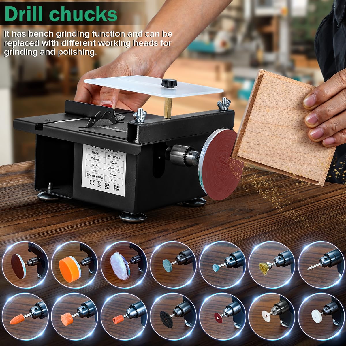 Mini sierra de mesa multifuncional, sierras de mesa pequeñas para manualidades, mini sierra eléctrica portátil de escritorio para cortar madera, velocidad y ángulo ajustables con más accesorios, para