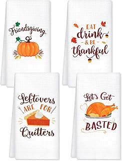 Vansolinne 4PCS Friendsgiving Kitchen Towels Thanksgiving Dish Towels Fall Autumn Harvest Pumpkin Turkey Maple Leaves Farmhouse Home Decorations Funny Kitchen Bathroom Hand Towel Housewarming Gift