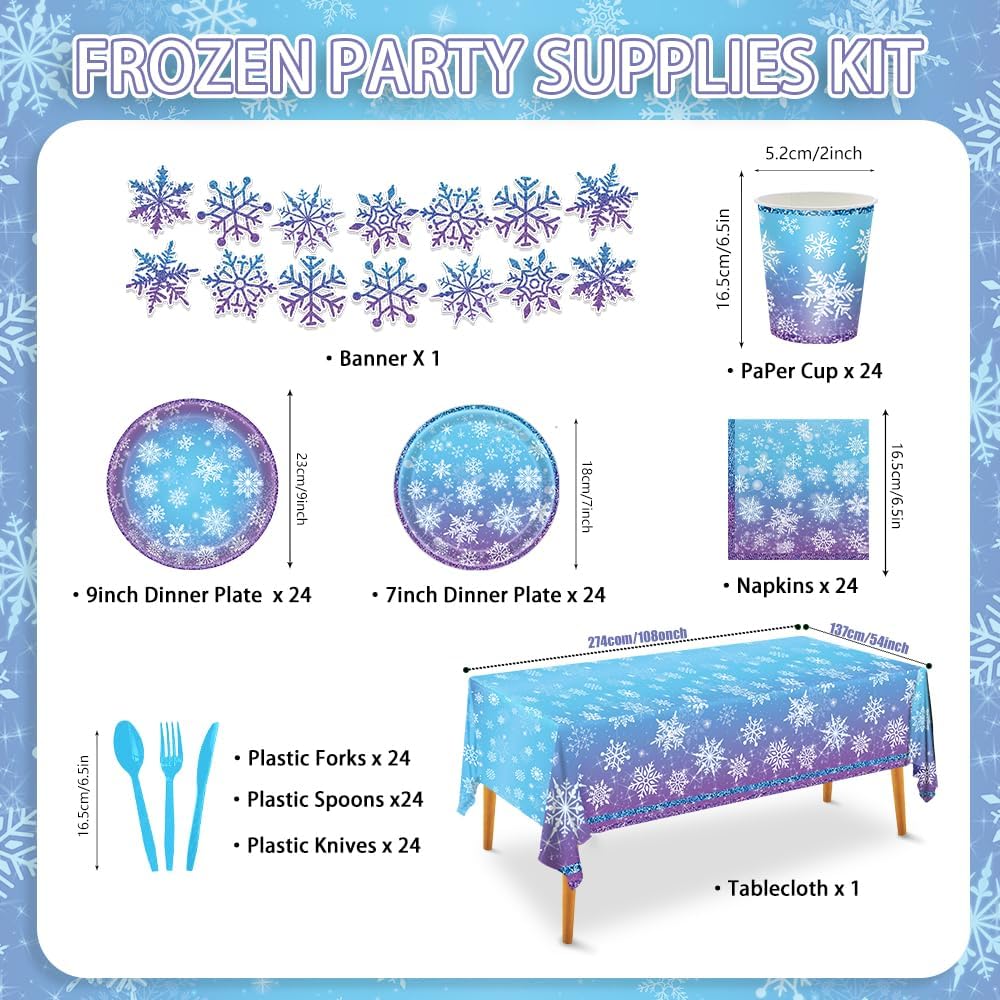 170PCS Frozen Birthday Party Decorations Purple and Blue Snowflake Winter Wonderland Include Disposable Plates, Cups, Cutlery, Banner, Tablecloth for Christmas Winter Wonderland Decorations - Image 2