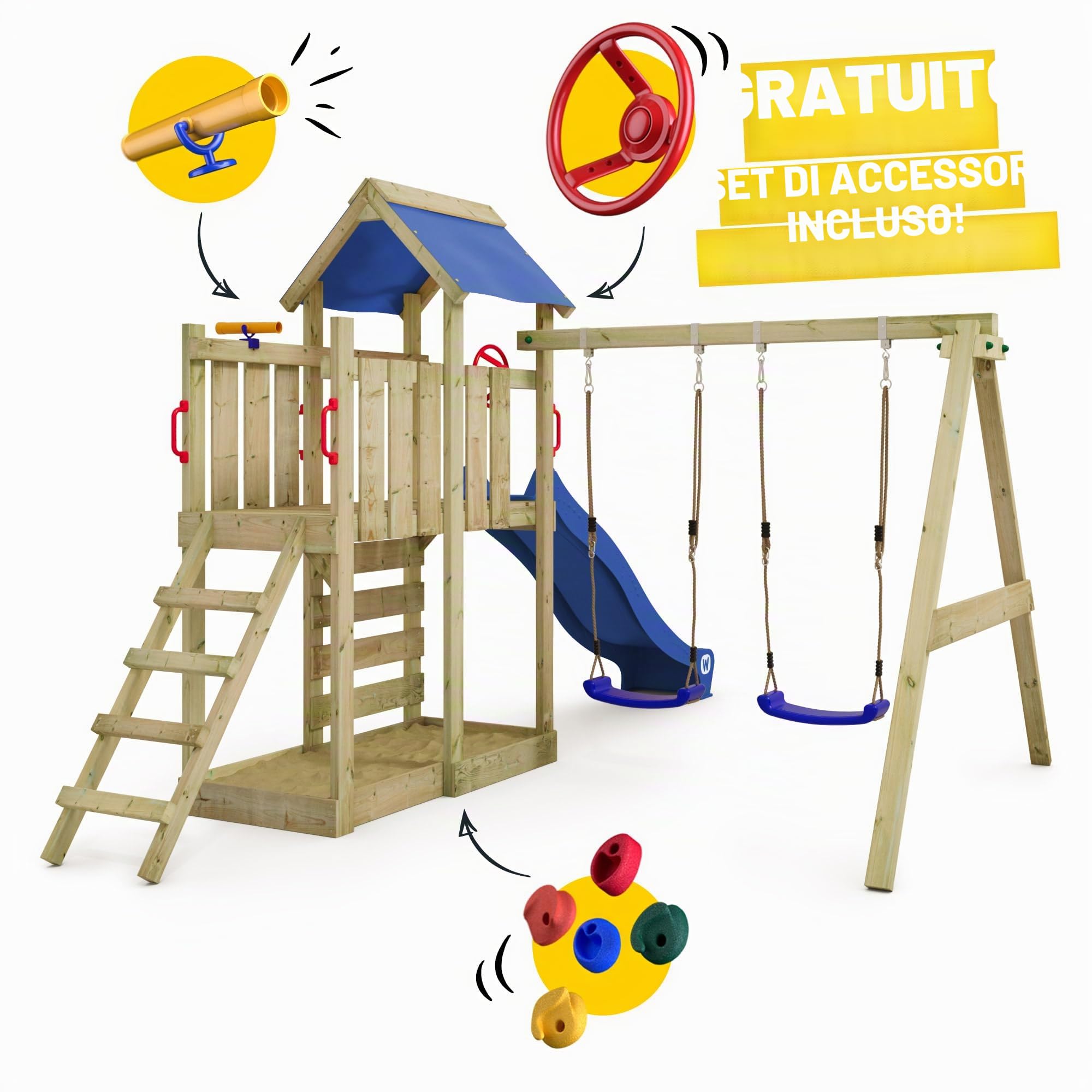 Gioco da giardino WICKEY MultiFlyer con altalena e scivolo verde, struttura da esterno per bambini con sabbiera, scaletta e accessori da gioco