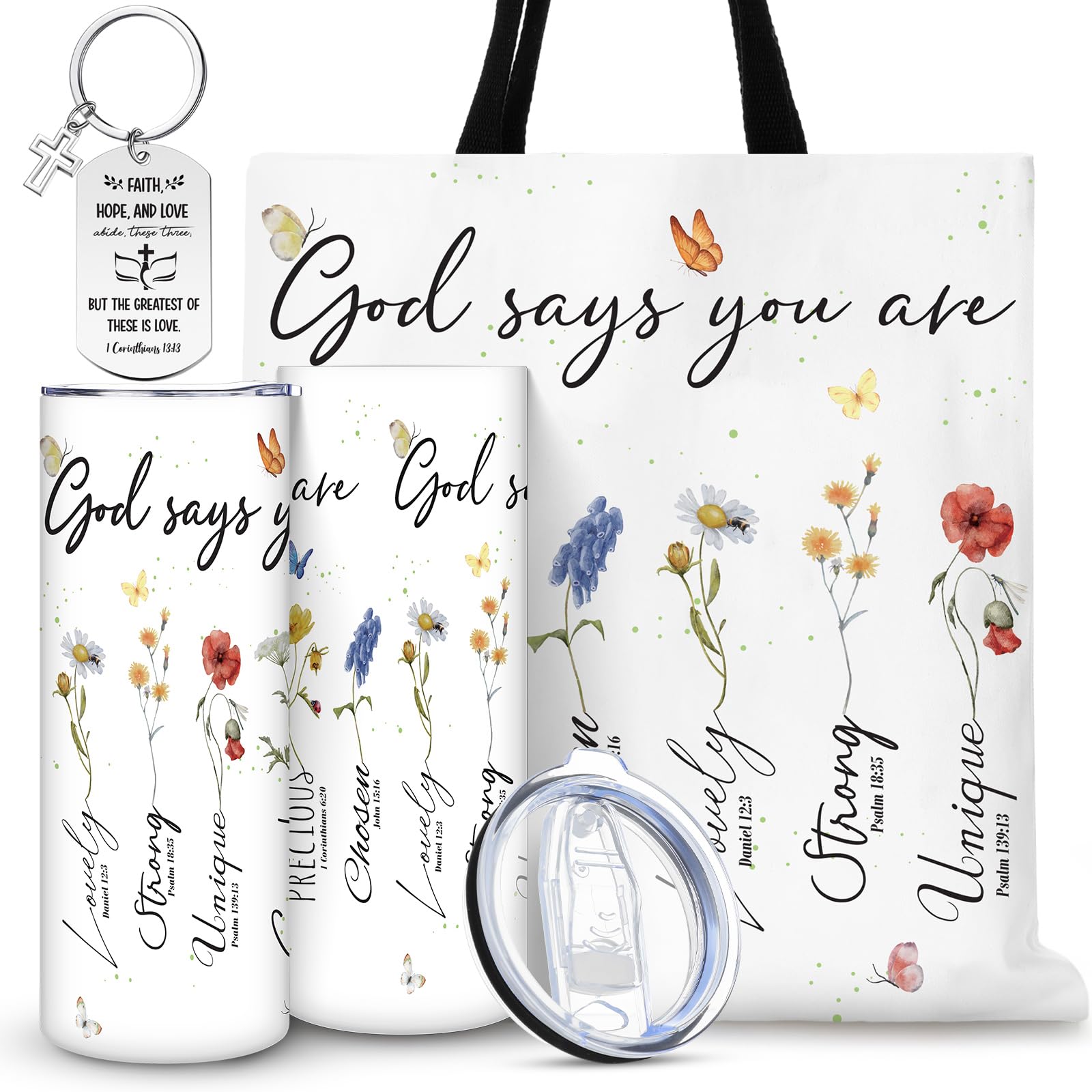 Dios dice que eres vaso de 20 onzas con estampado floral y bolsa de lona