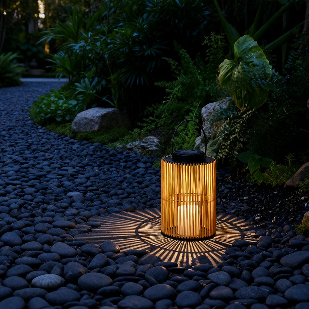 Set di 2 lanterne solari per esterni, stile boho, effetto rattan, per giardino, balcone e terrazza, accensione e spegnimento automatici, impermeabili