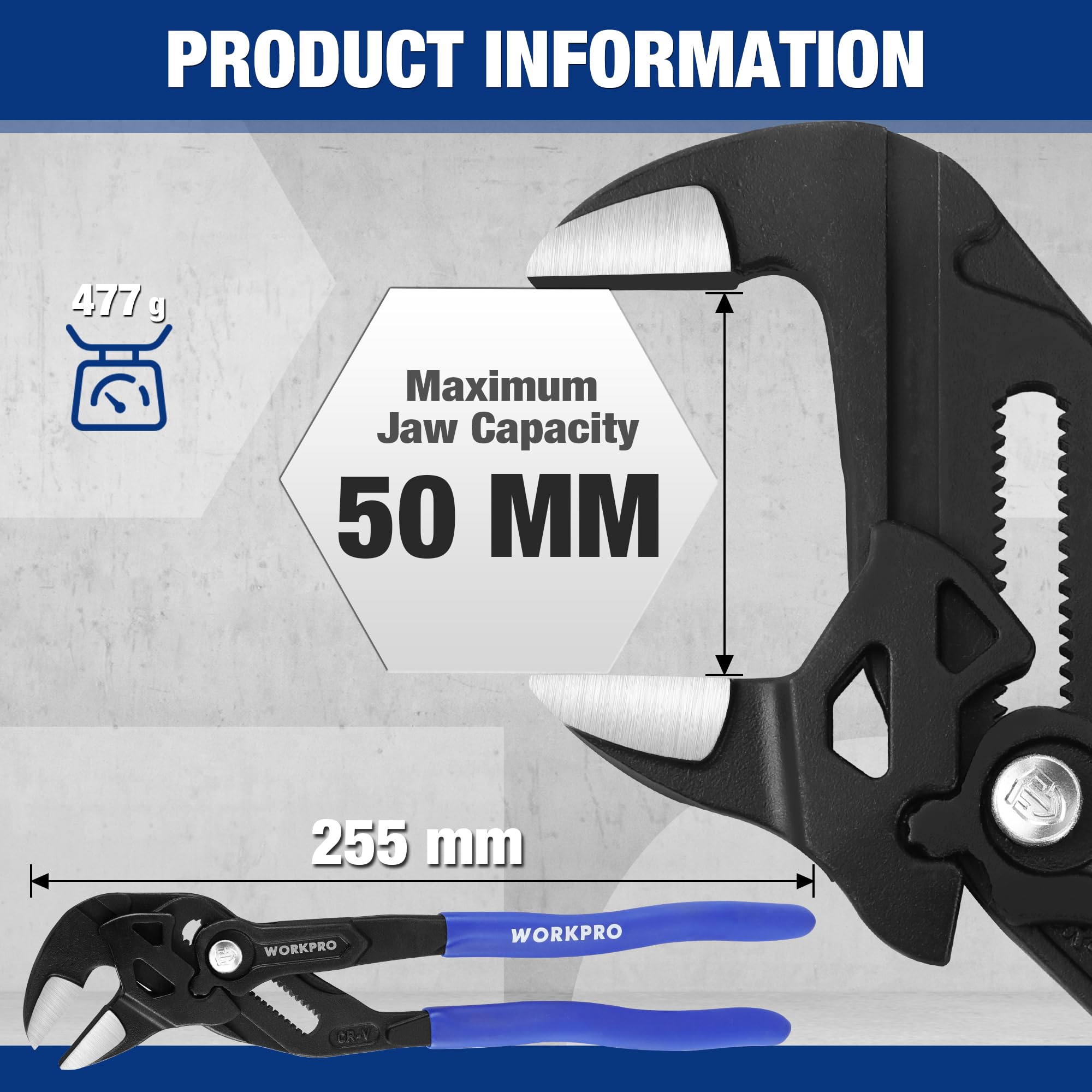 WORKPRO 250 mm Adjustable Pliers Wrench, Adjustable Spanner, Water Pump Pliers - Image 2