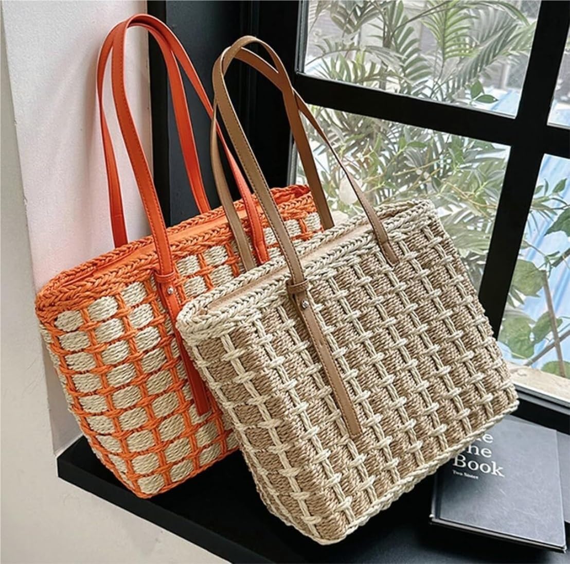 Bolsa de Verano para Mujer Bolso De Mano De Paja para Mujer, Bolso De Playa De Paja Tejido A Mano De Verano, Informal Cesta de Playa(Color:D)