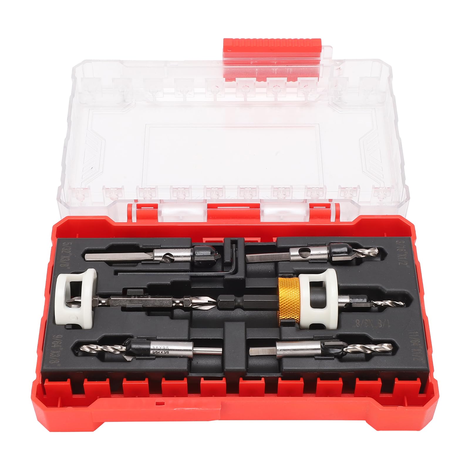 Juego de 8 brocas avellanadoras con tope de profundidad ajustable para tornillos de madera, incluye 5 brocas centrales y estuche de almacenamiento.