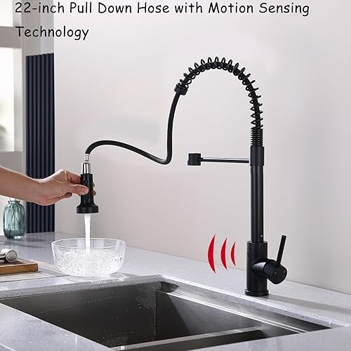 Miniatura 5 de Avola Grifo de cocina sin contacto negro mate manos libres con rociador extraíble, doble función, sensor de movimiento, acero inoxidable, 20 pulgadas