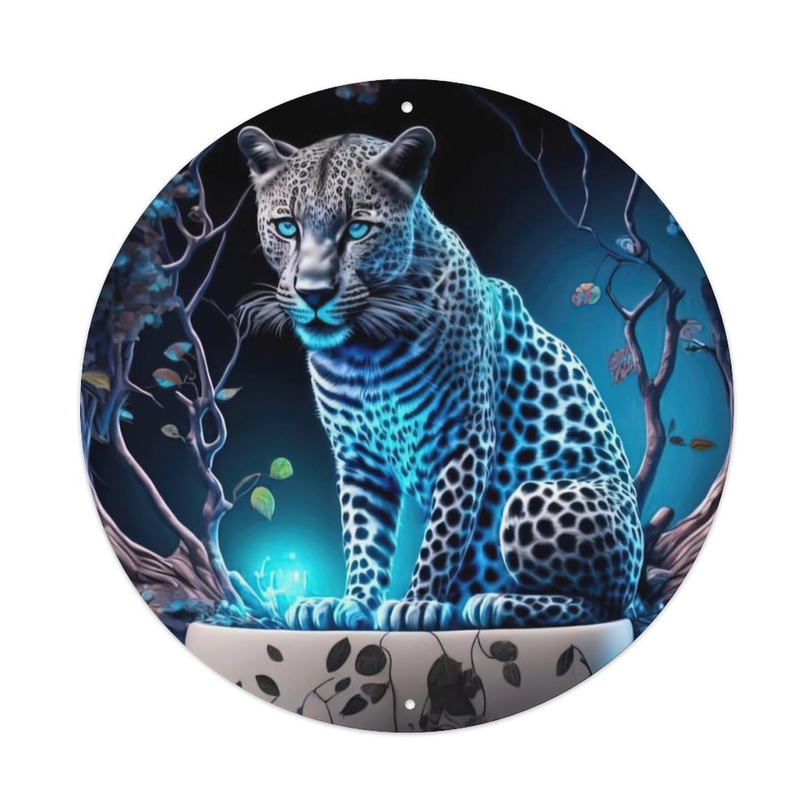 Wildlife Artwork Leopard on Mug Vintage Metal Tin Sign Plaque Wall Decor for Cafe, Club, Garden Round Metal Poster 8x8Inch