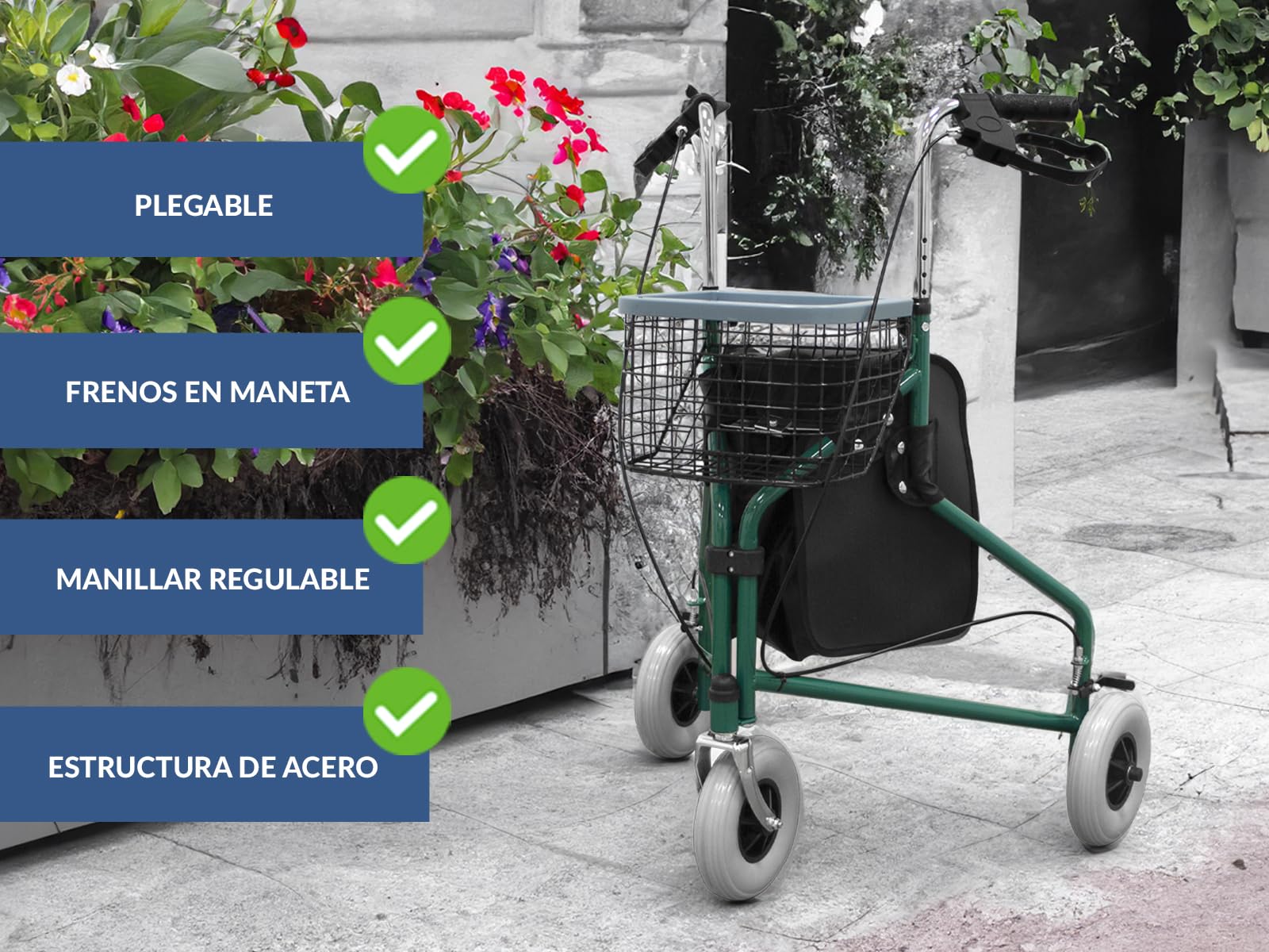 QUIRUMED Andador plegable de 3 ruedas, Con canasto y mochila, Frenos en las manetas, Regulable en altura, Color verde, Para mayores, Para minusválidos, Ligero