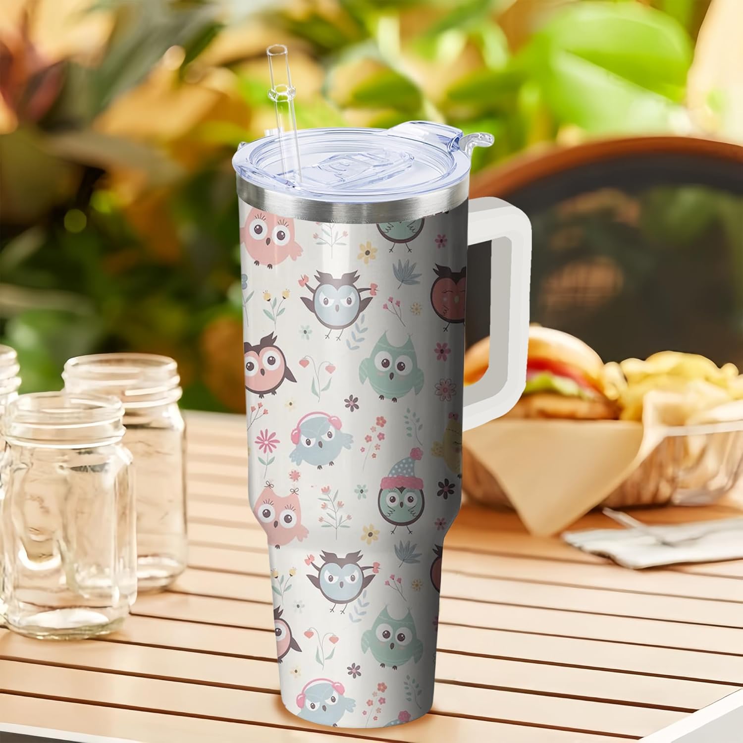 40 oz Owl Tumbler with Handle and Straw, Insulated Stainless Steel Cup with Lid, Travel Coffee Mug Water Bottle, Animal Lovers Women Gifts - Image 5