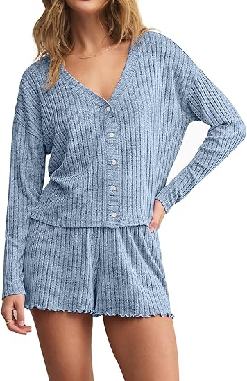 Dressmine Womens Long Sleeve Pajama Sets Button Up Pajamas Sleeping Shorts 2 Piece Lounge Set Knit Sexy Sleepwear