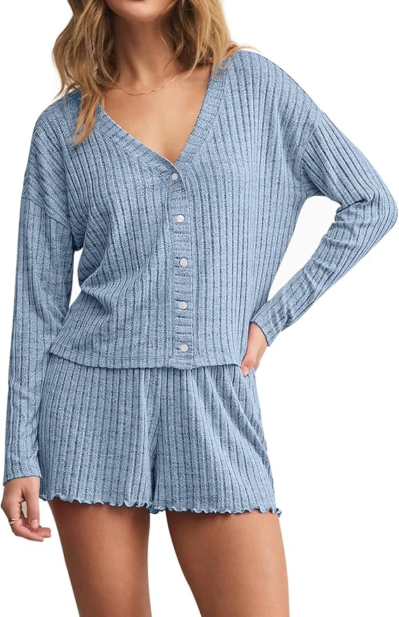 Dressmine Womens Long Sleeve Pajama Sets Button Up Pajamas Sleeping Shorts 2 Piece Lounge Set Knit Sexy Sleepwear