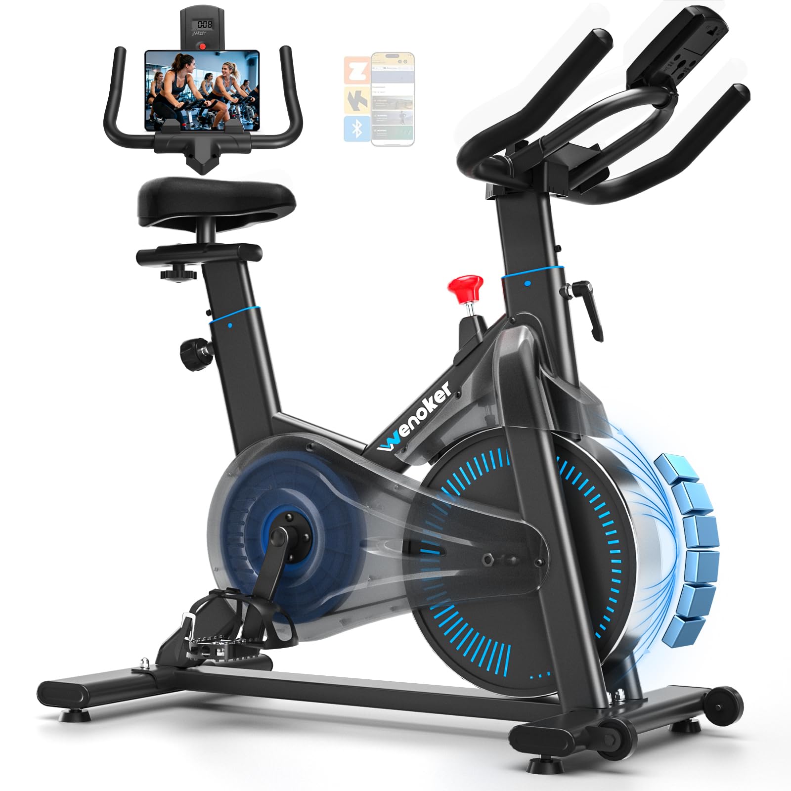Wenoker Rower treningowy z regulowanym oporem magnetycznym, ergometrem, z aplikacją, monitorem LCD, uchwytem na tablet, regulacją wysokości, cichy rower fitness do 160 kg