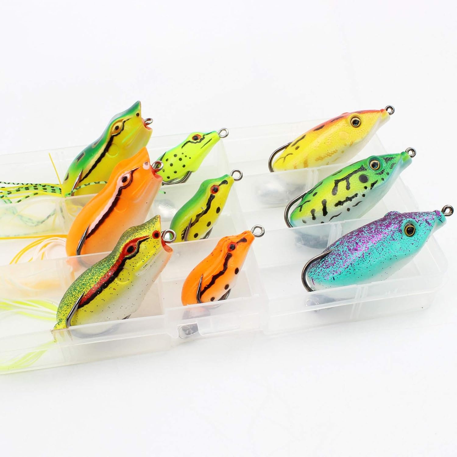 9pcs/Box Frog Soft Bait Set, 9 Colors of Double Hook Topwater Frog and Mouse Hollow Body Soft Fishing Bait, Bass Hook Bait Fishing Tackle ZYHYD (Color : Multi-Colored)