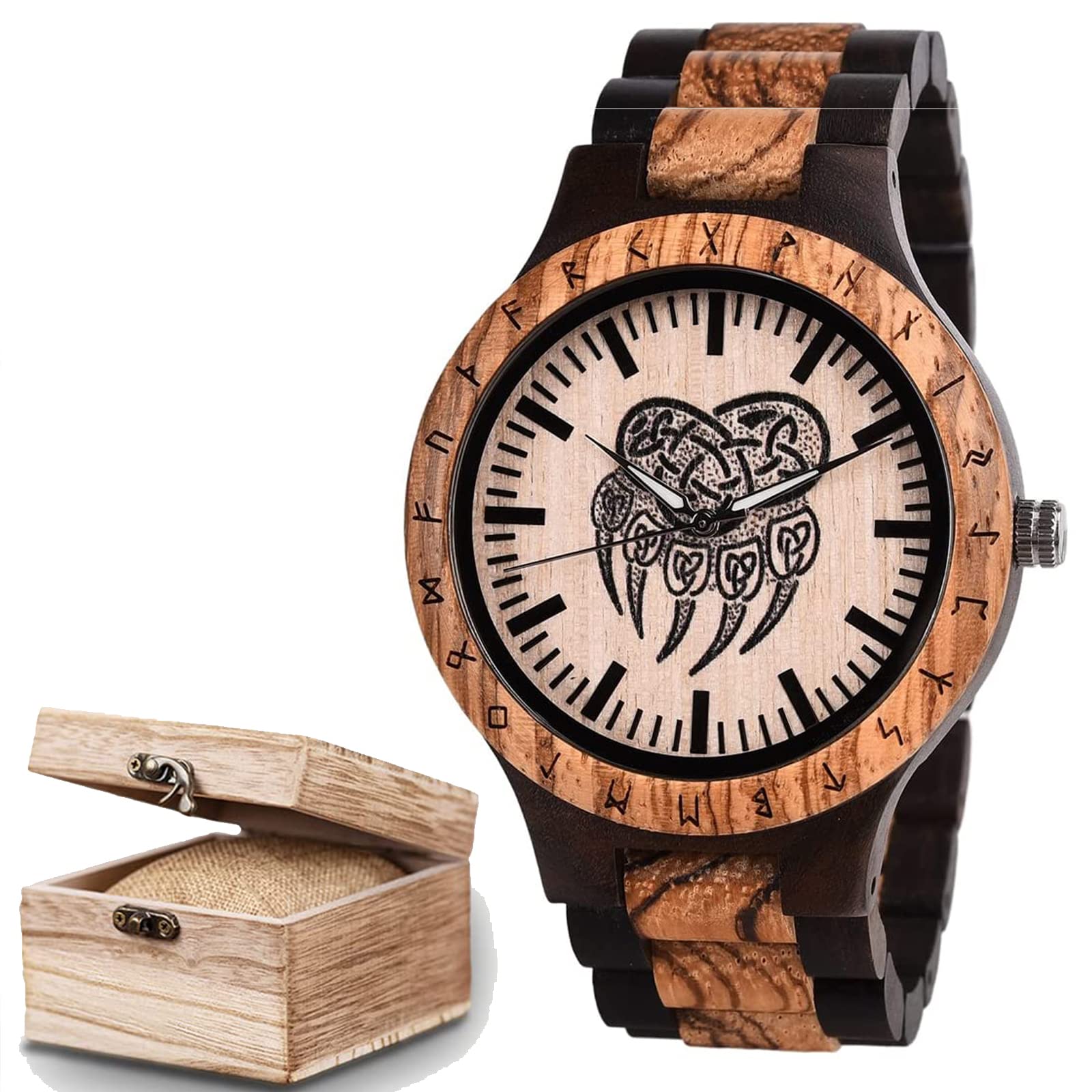 Reloj analógico de madera vikinga con diseño de pata de oso vikingo, reloj de pulsera con movimiento de cuarzo, hecho a mano con grabado de madera con envoltura de regalo