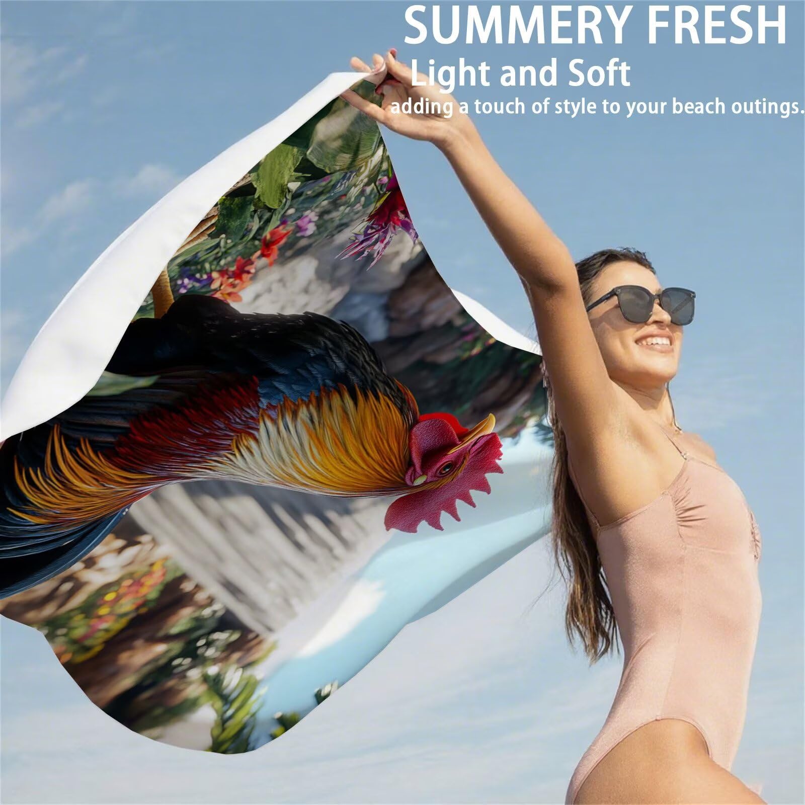 Mikrofaser Strandtuch 220x100cm, Huhn Strandtuch Blume Saunahandtuc 2 Stück Stranddecke Sandfrei, Schnell Trocknendes, Saugfahiges Strandmatte, Sporthandtuch für Reise Urlaub Schwimmen Camping OC-699