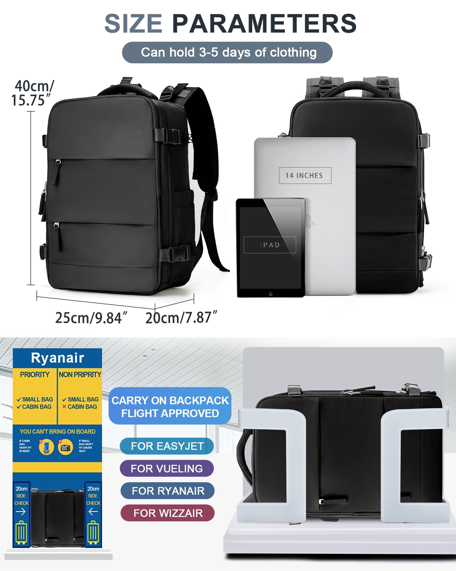 BJLFS Borse da Cabina per Ryanair 40x20x25 Bagaglio a Mano Zaino Borsa Zaino da Viaggio, Zaino da trekking,Zaino Easyjet 45x36x20,Zaino Casual per laptop da 14 pollici per scuola
