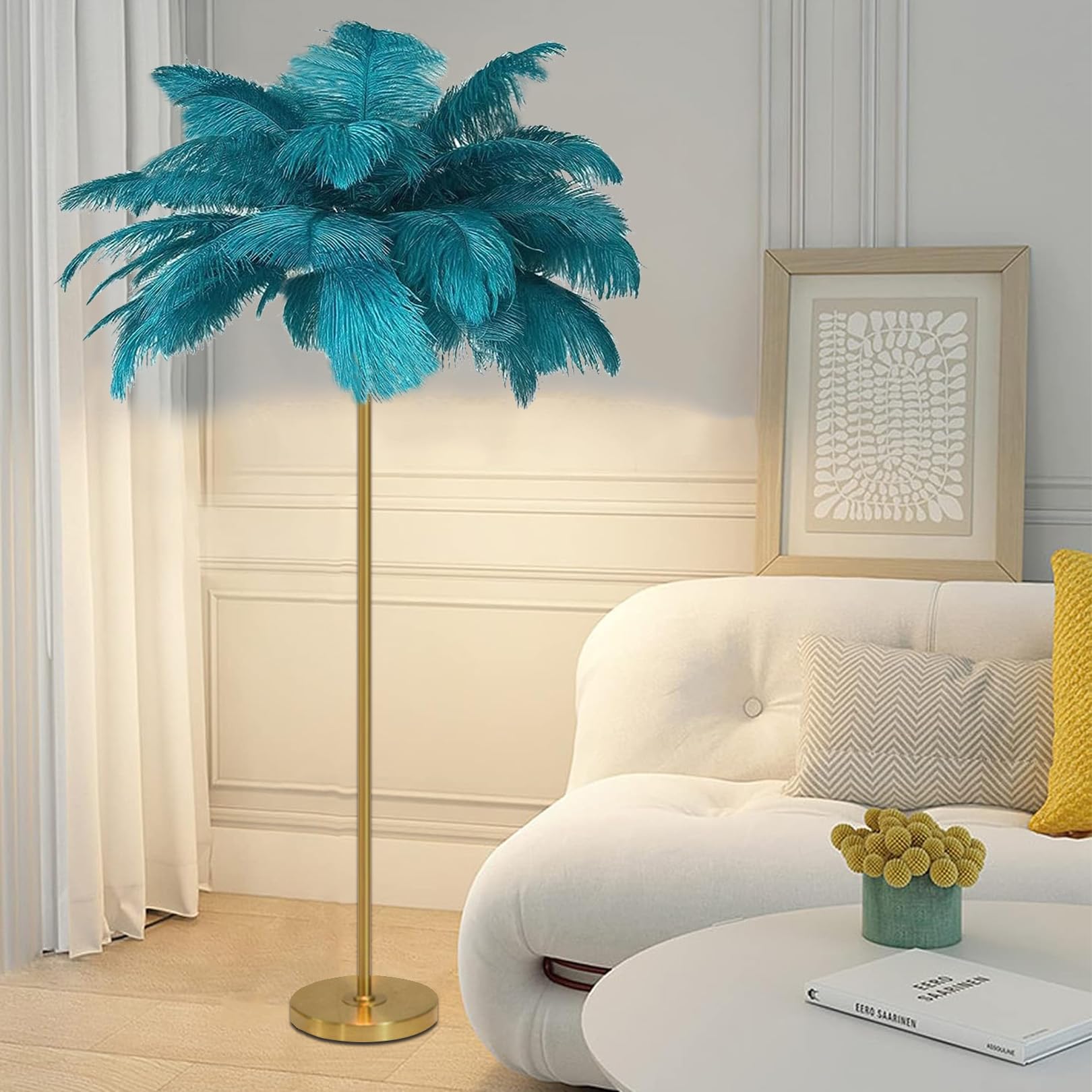 Feather Floor Lamp, Natural Ostrich Feather Standing Lamp, Simple Bedroom and Living Room Decor Lamp, Golden Lamp Body, 3-Color Dimmable with G4 LED Bulb
