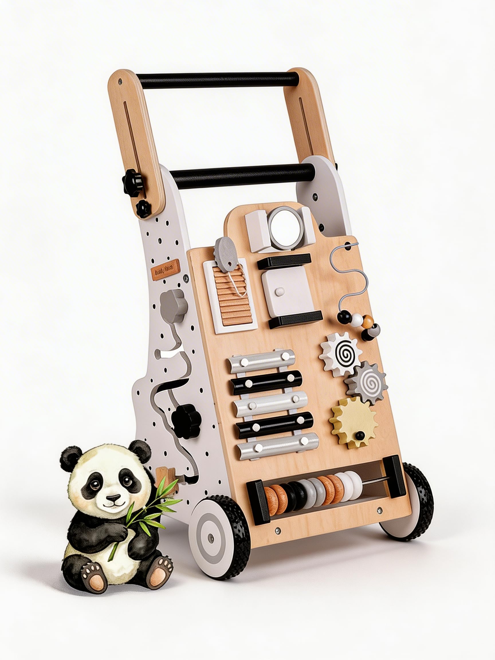 KiddyMoon Girello Interattivo In Legno Per Bambini Multifunzione Primi Passi WK-001, Bianco-Nero