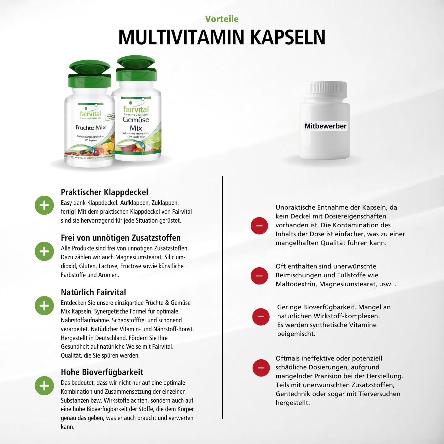 fairvital Multivitamin Kapseln aus Obst und Gemüse-Pulver, 240 Kapseln (120x2), Natürlich, hochdosiert & Vegan, mit Vitaminen & Mineralien, Früchte & Gemüse Mix