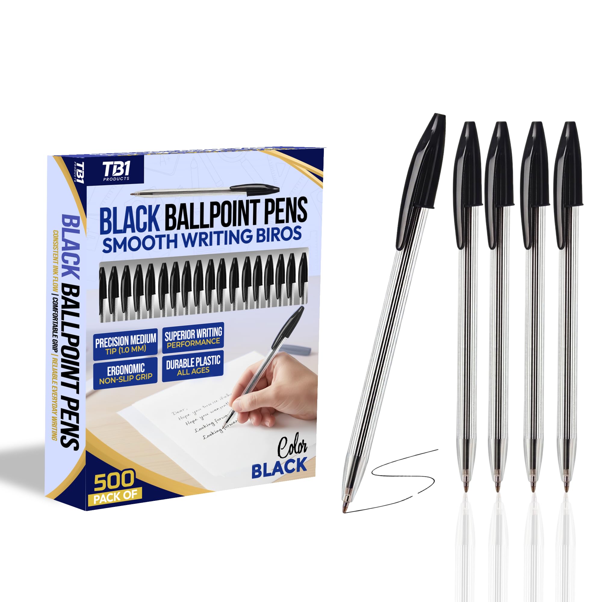 TB1 Pack of 500 Black Biro Ballpoint Pens – Medium Tip, Smooth Writing with Quick-Drying Black Ink – Durable, Affordable & Comfortable Pens for Office, School, Home, Business & Daily Use