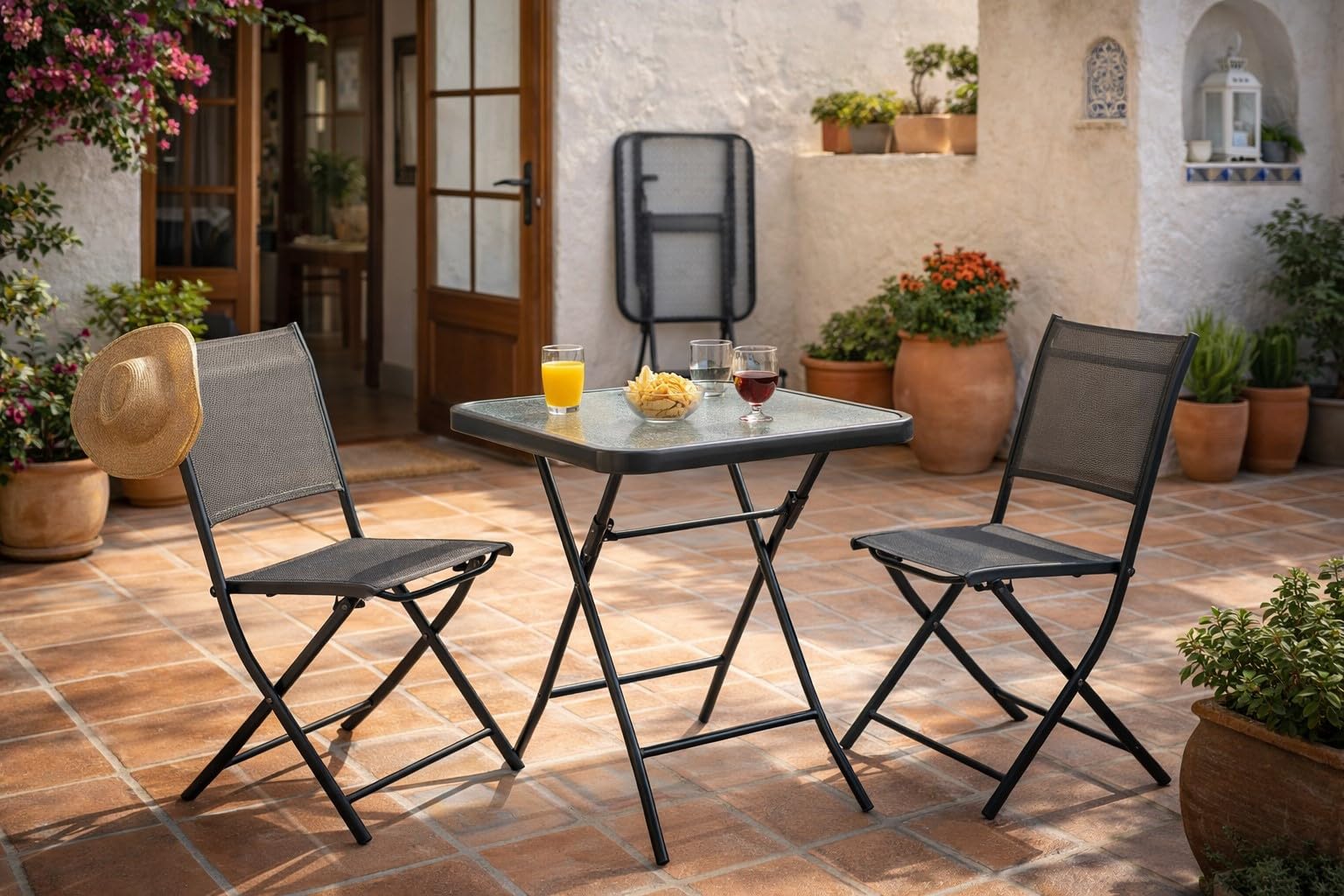 HERSIG - Mesa de Jardin Cuadrada Plegable de Acero y Vidrio Templado - Mesa Exterior Negro 60x60x70 CM - Mesas de Terraza y Jardín Cuadradas - Mesas para Verano Exterior con Cristal Texturizado