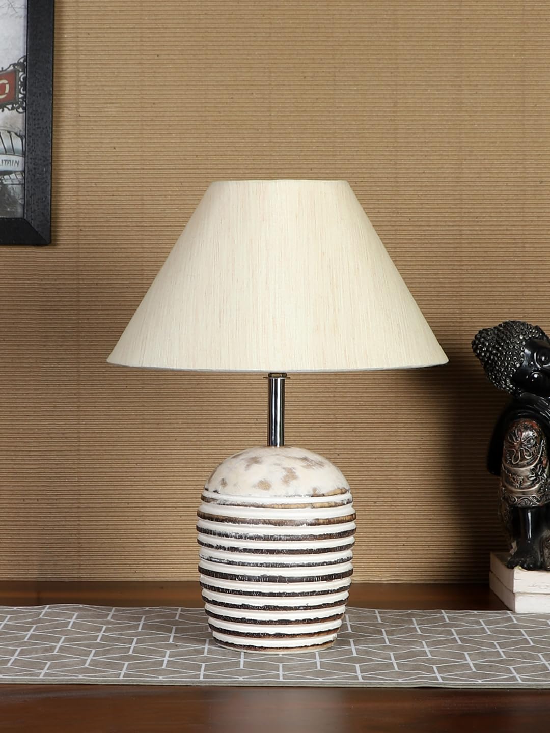Devansh Off-White Cotton with White Brushed Wood Table Lamp-image-4