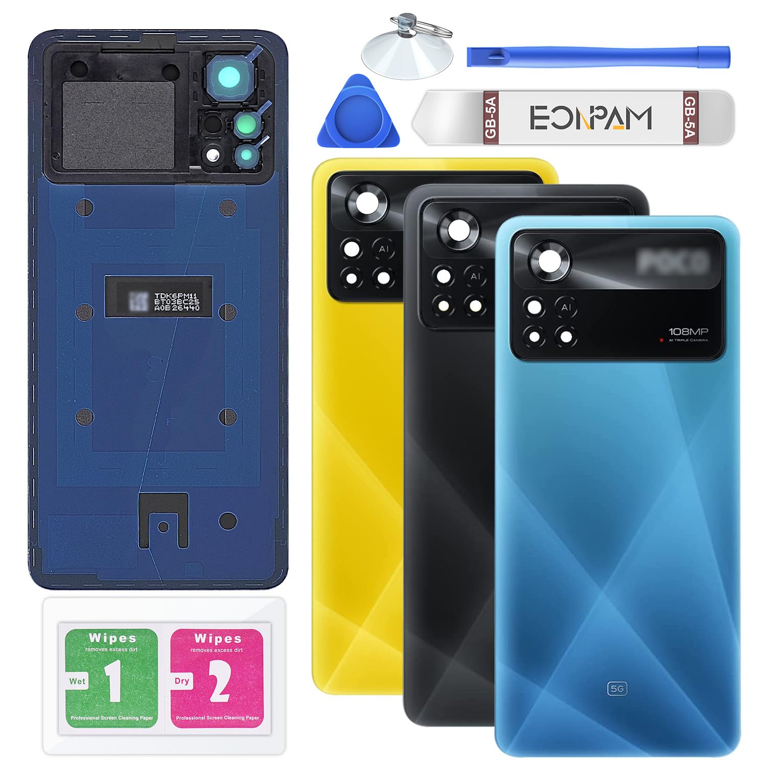 EONPAM Cover Posteriore In Vetro Per Xiaomi Poco X4 Pro - Blu, Con Kit Di Sostituzione E Lente Fotocamera - 3