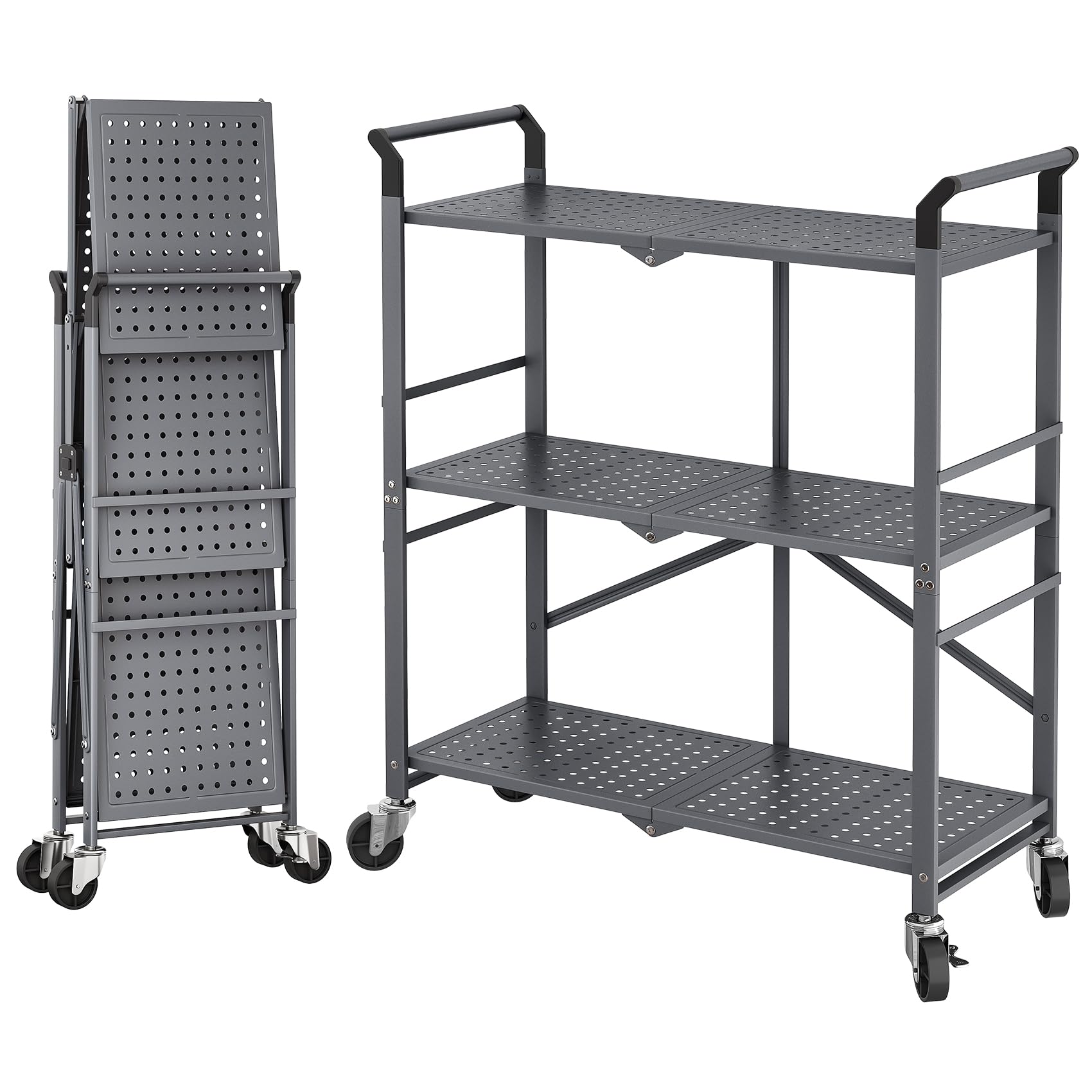 Photo 1 of 3 Tier Utility Carts - Folding Metal Rolling Cart with Wheels for Kitchen Office Garage Storage, Grey