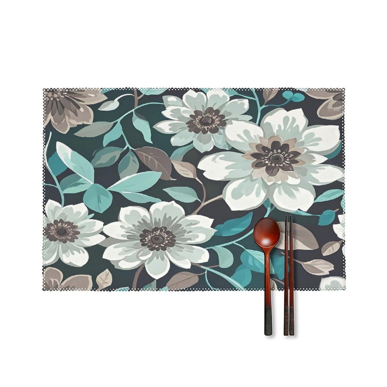 Teal Grey and White Floral Placemats Set of 6 Heat Resistant Non-Slip Table Mats Washable Indoor Outdoor Place Mats Rustic Vintage Seasonal Placemat for Kitchen Dining Outdoor Party Table Decor