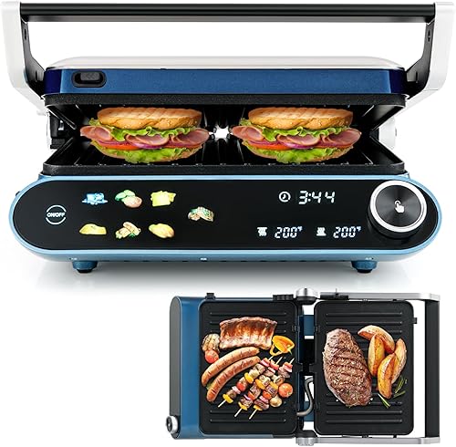 COSTWAY Panini Press, sandwichera de 1200 W con panel táctil LED, placas revestidas antiadherentes y bandeja de goteo extraíble, 180 grados con 7