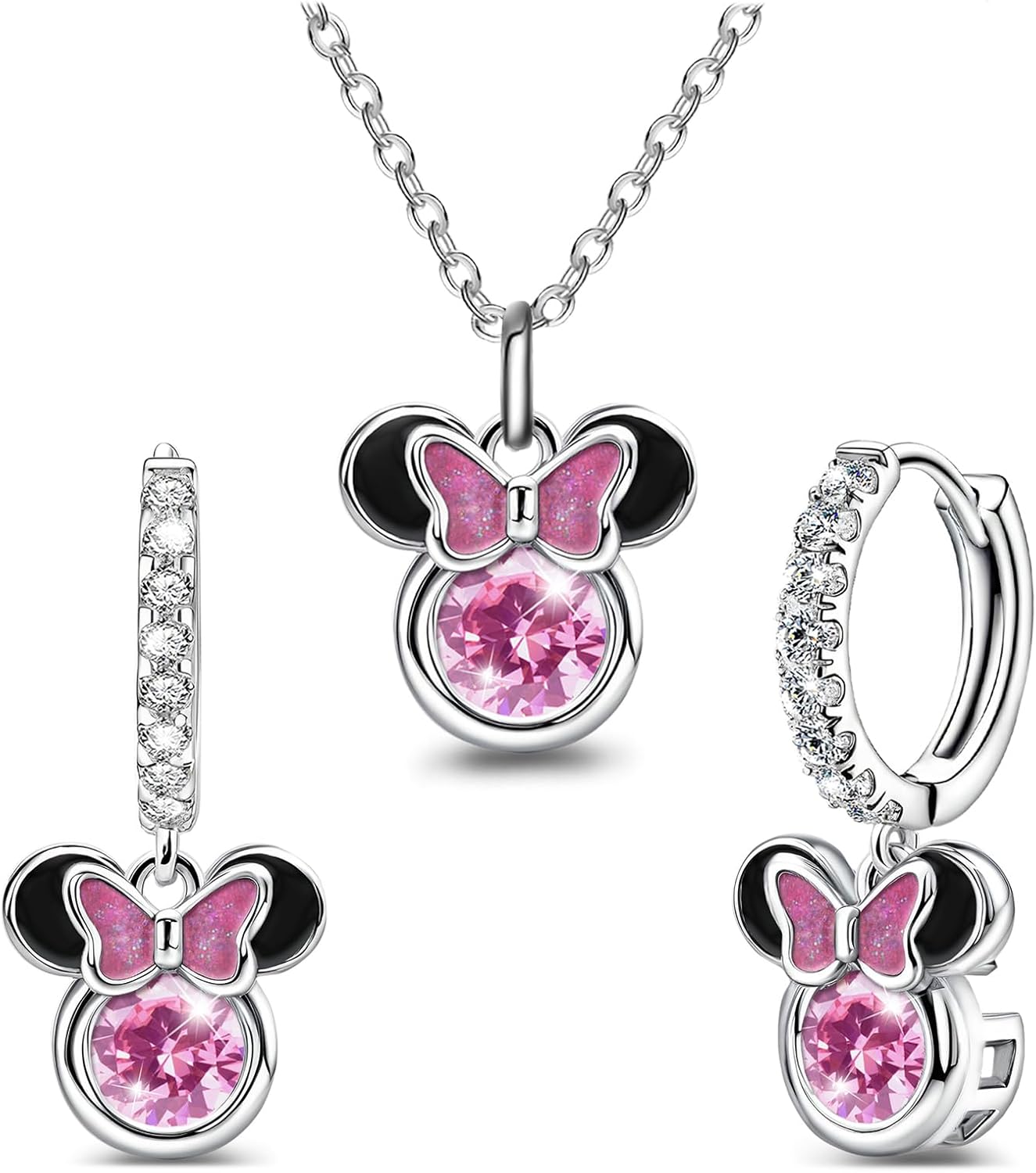 Mouse Earrings and Necklace Set for 2 Sterling Silver Pink CZ Mouse Dangle Jewelry Sparkling Mini Cute Mouse Bow Minnie Animal Lucky Cute Princess Jewelry Gifts for Women Daughter Birthday