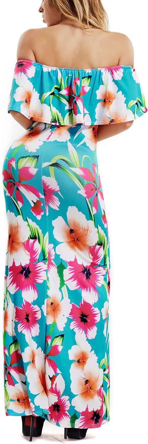 Suimiki Women's Off-the-Shoulder Floral Short-Sleeve Long Maxi Dress, Blue, Small - Image 4