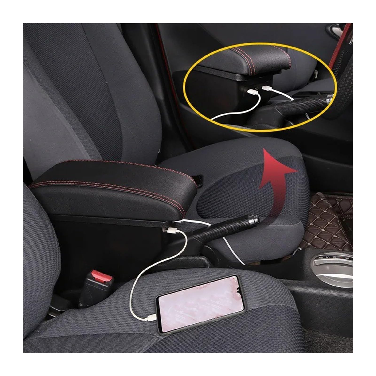Bracciolo Centrale Per Fiat Per Panda II 2 Bracciolo Centrale Poggiagomiti Console Accessori Di Modifica Con Portabicchieri E Porta USB Poggia Braccio(A-Black red line)