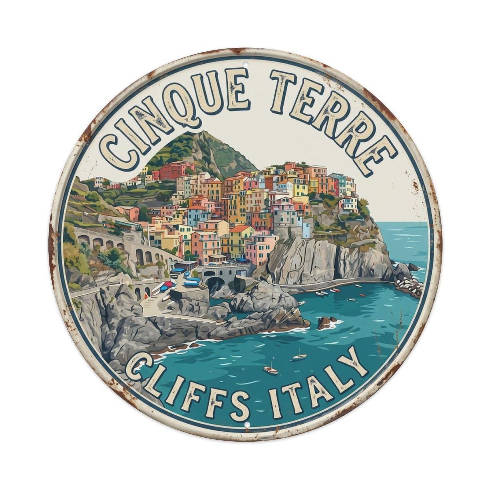 Cinque Terre Cliff Italy Village Metal Tin Sign Plaque Wall Decor for Cafe, Club, Garden Round Metal Poster 8x8Inch