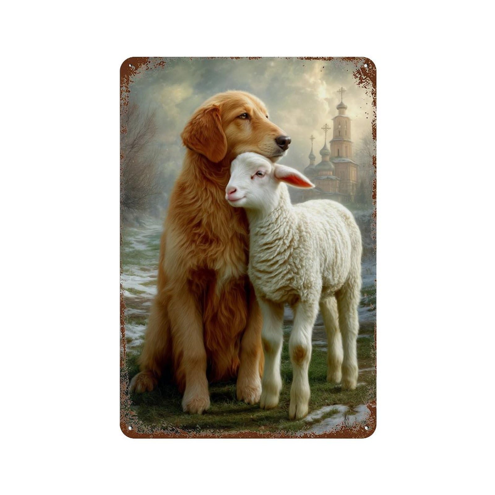 Golden Retriever And Lamb Friendship Distressed Metal Wall Sign 11.8"x7.9", for Farmhouse, Kitchen And Entryway Decor, Rustic Home Decor