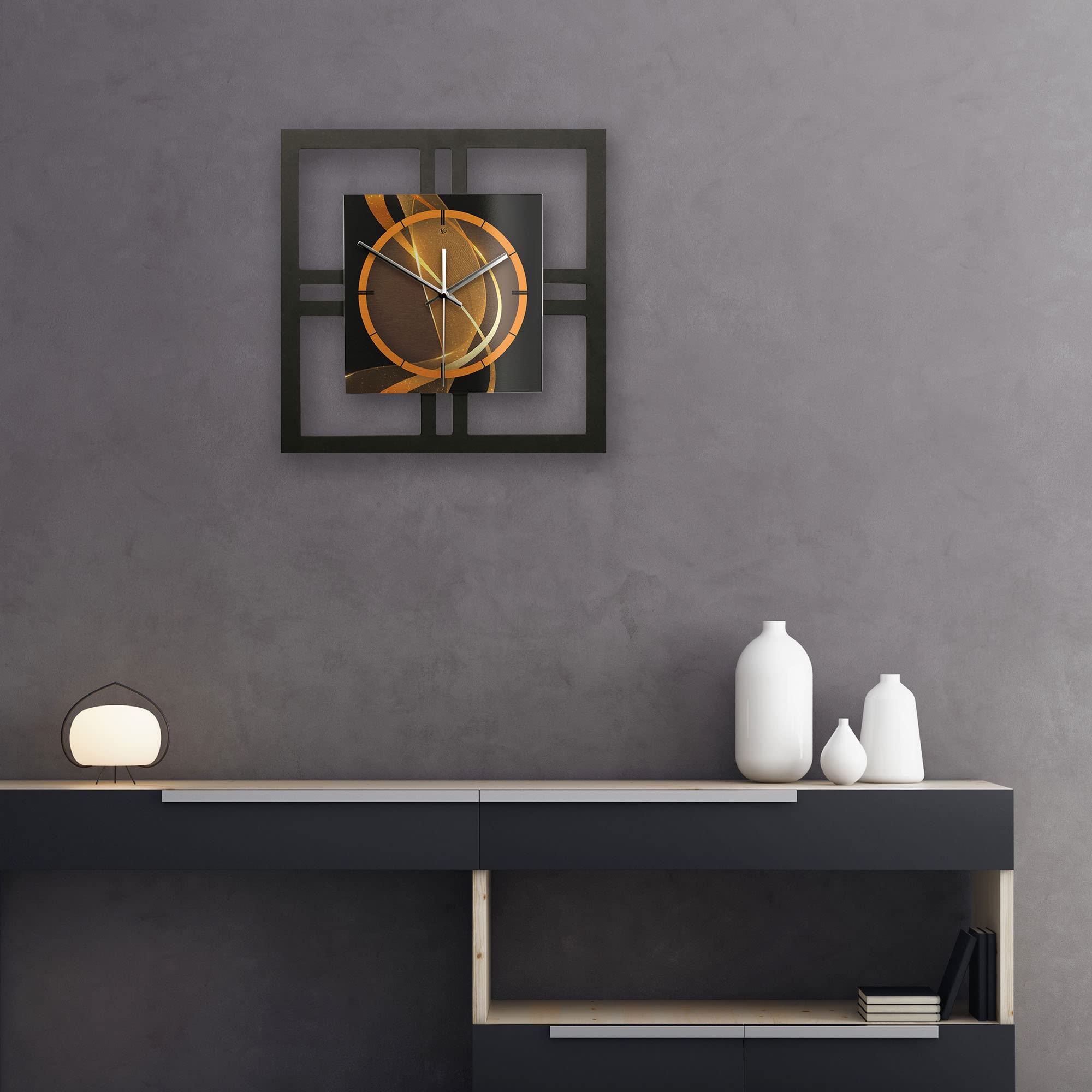 Kreative Feder Designer-WANDUHR „Dynamic“ 40x40cm schwarz-Gold in modernem Metallic-Look ohne Tickgeräusche (Dynamic, leises Funkuhrwerk)