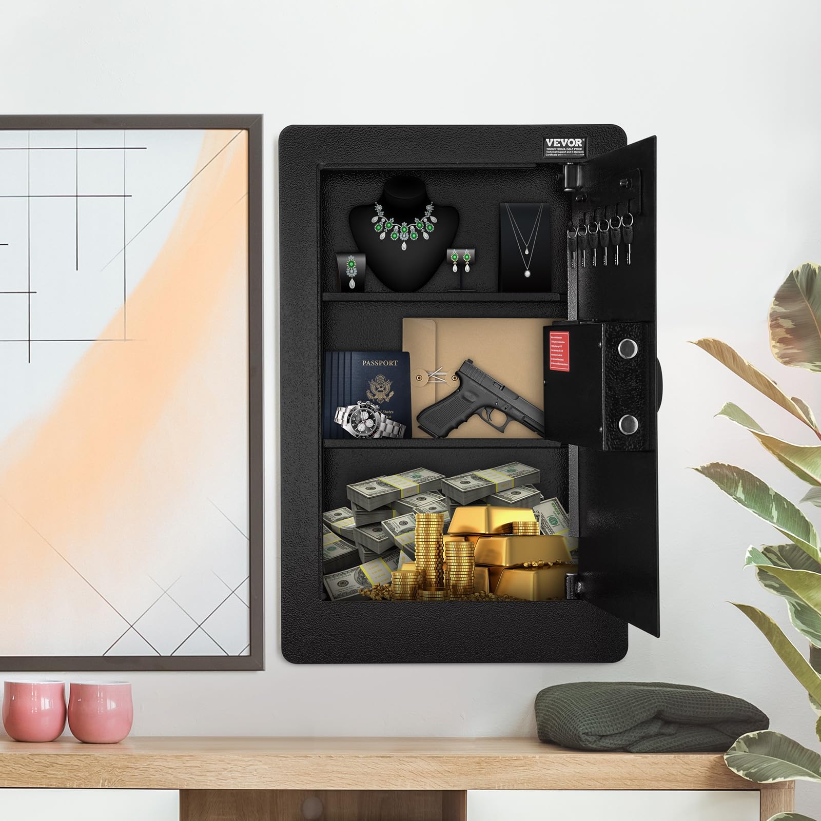 VEVOR Cassaforte da Muro 650x420x100 mm Cassaforte con 3 Livelli 3 Ripiani Rimovibili Luce LED Allarme a Vibrazione, Tastiera Impronta Digitale per Passaporti Armi Lunghe Gioielli Contanti Documenti