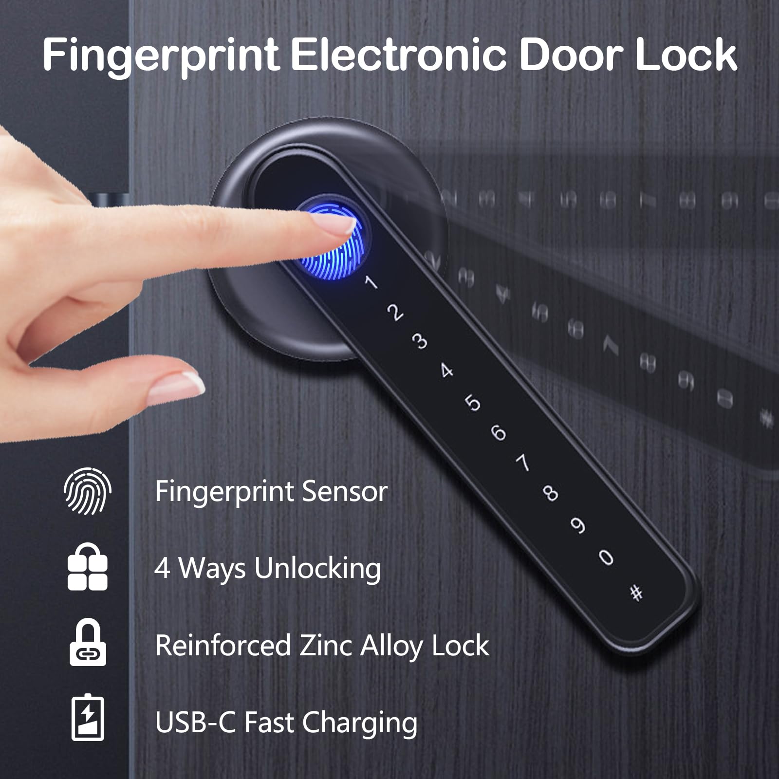 Serratura intelligente per porte interne, serratura elettronica con impronte digitali e 4 opzioni di sblocco per camera da letto e ufficio (spessore porta 35-55 mm)